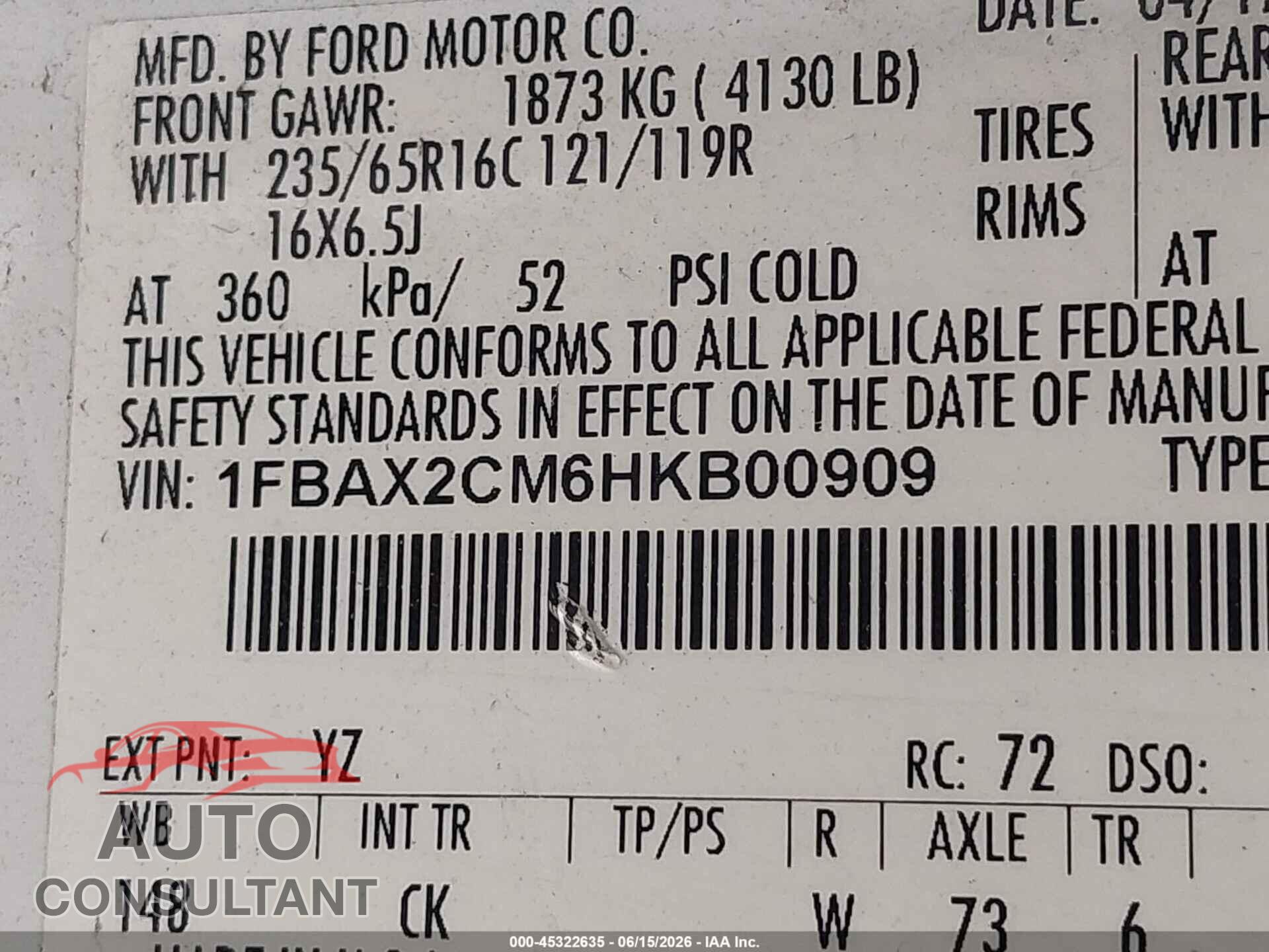 FORD TRANSIT-350 2017 - 1FBAX2CM6HKB00909