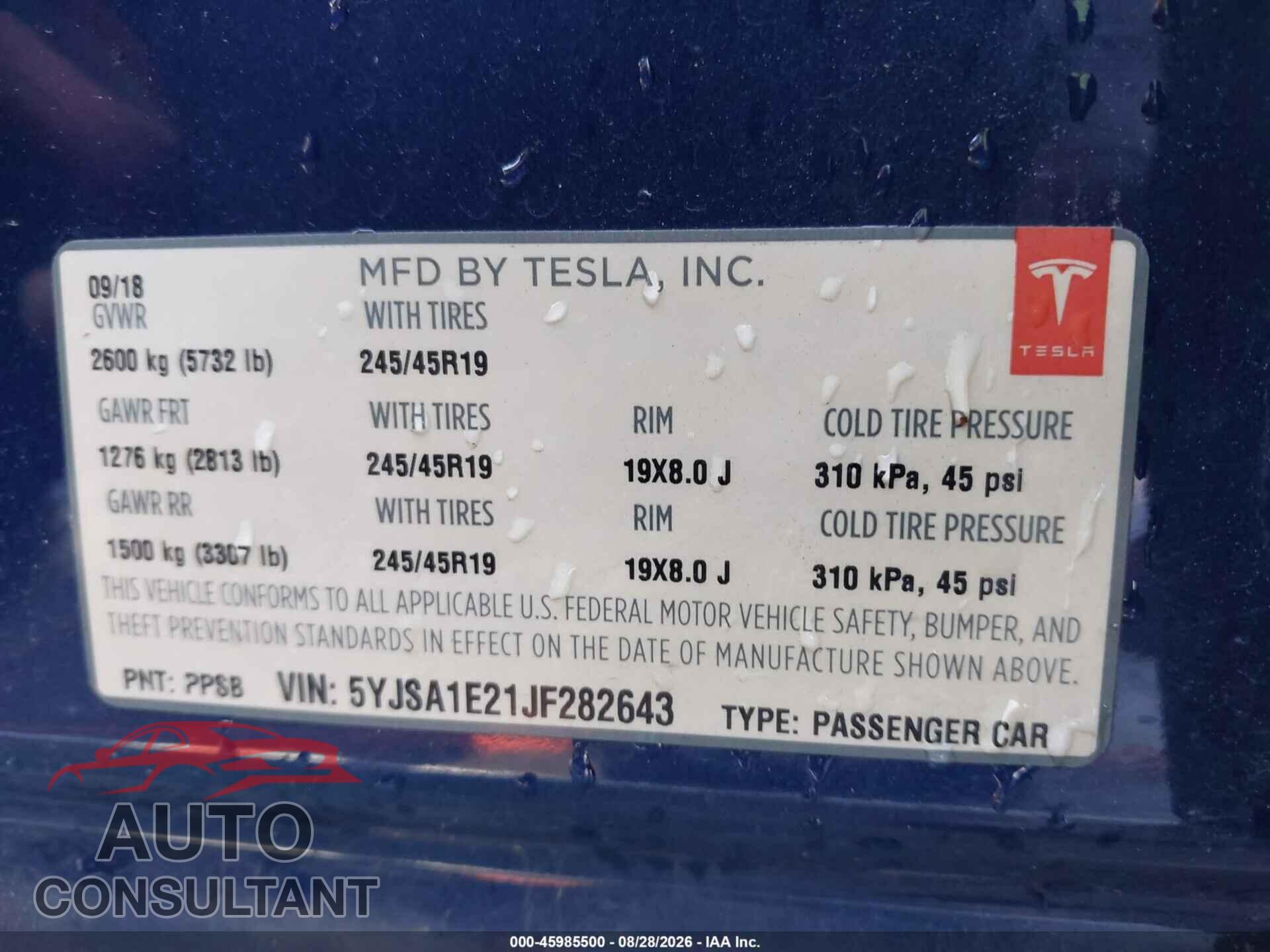 TESLA MODEL S 2018 - 5YJSA1E21JF282643