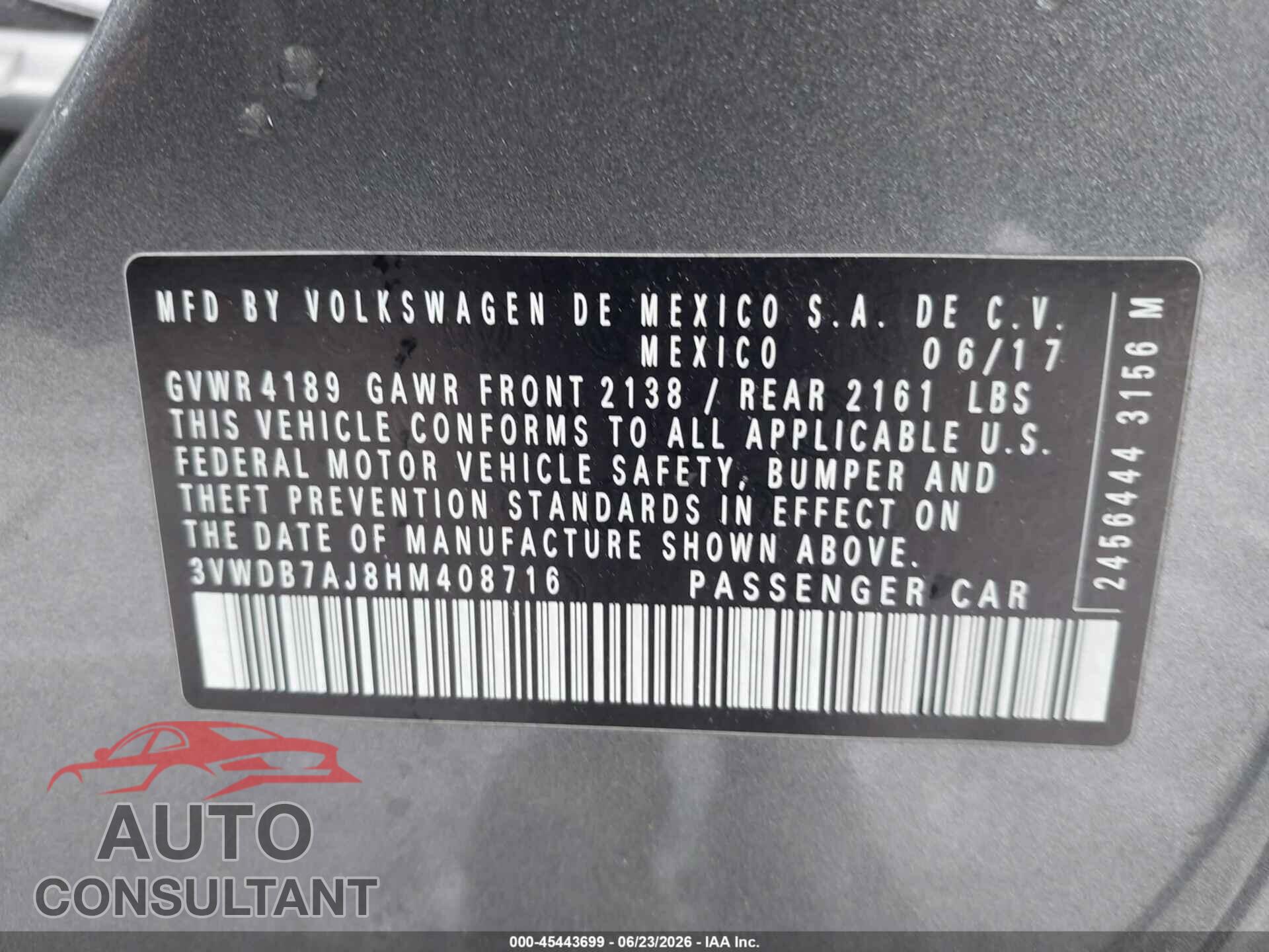 VOLKSWAGEN JETTA 2017 - 3VWDB7AJ8HM408716