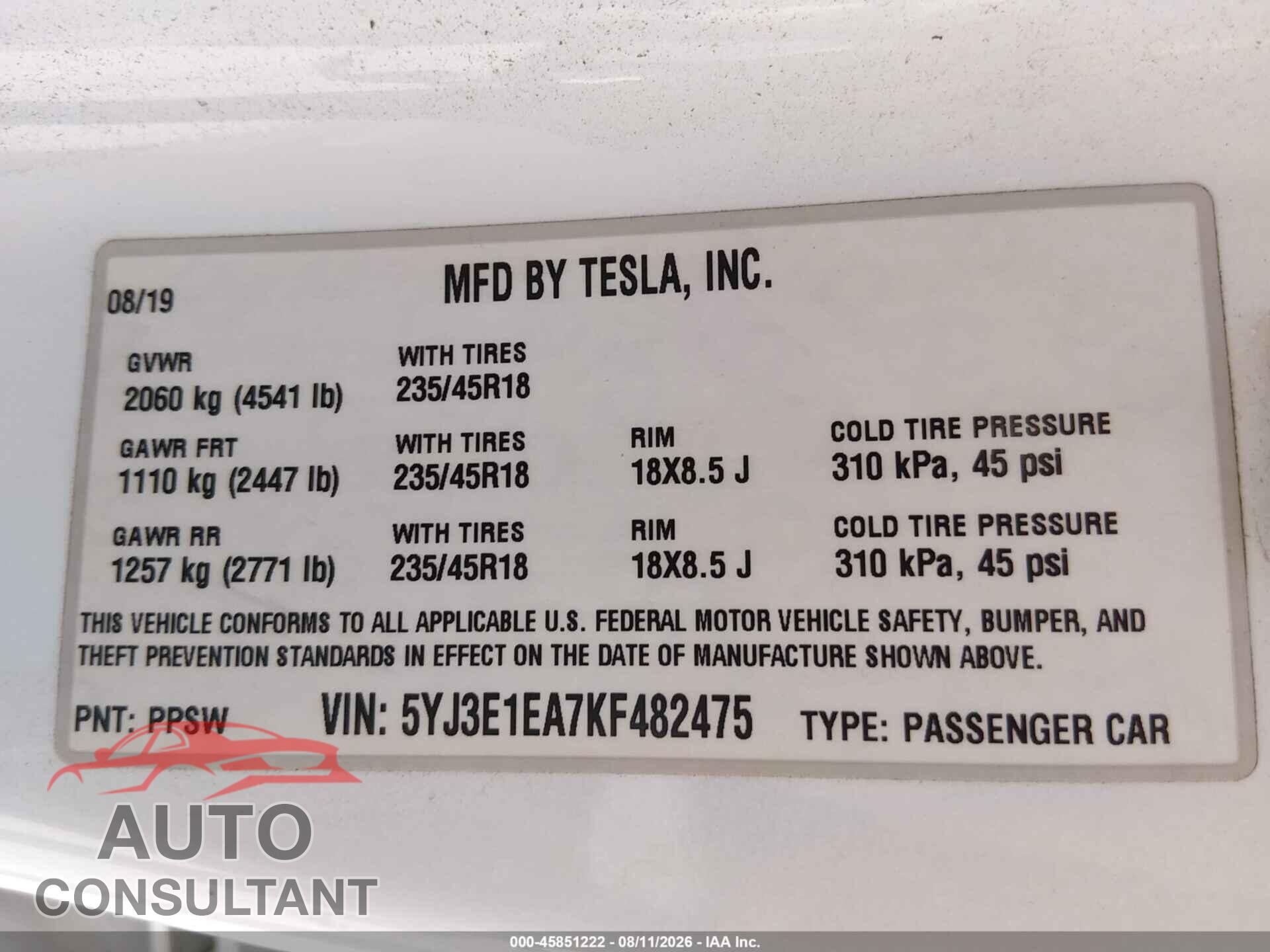 TESLA MODEL 3 2019 - 5YJ3E1EA7KF482475