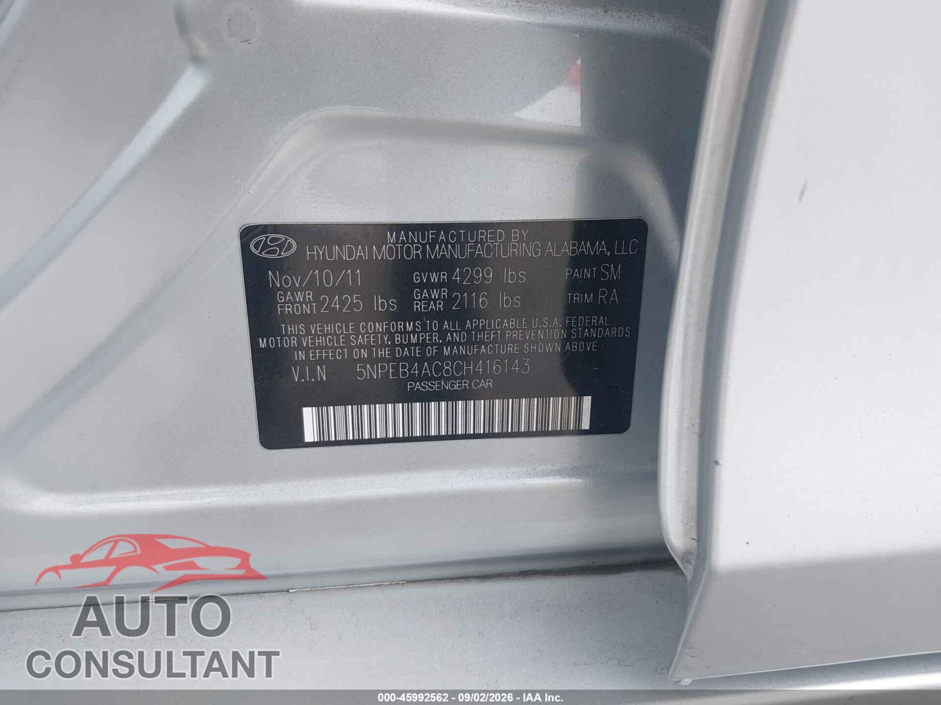 HYUNDAI SONATA 2012 - 5NPEB4AC8CH416143