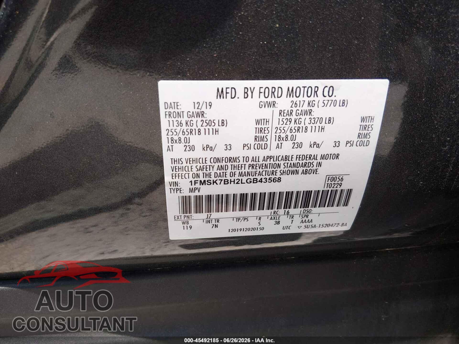 FORD EXPLORER 2020 - 1FMSK7BH2LGB43568