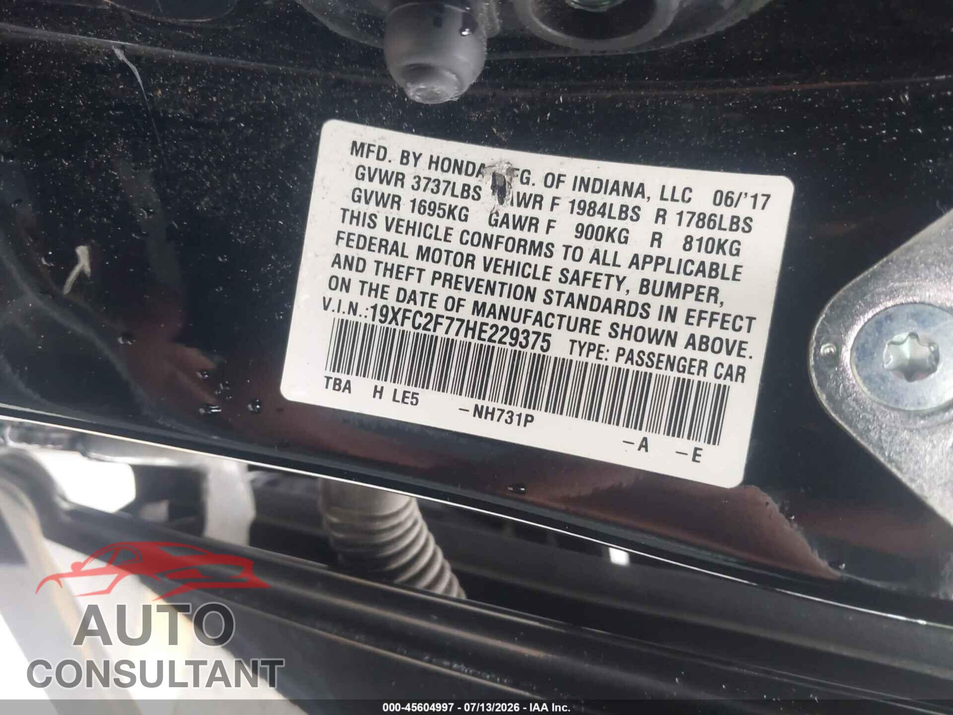 HONDA CIVIC 2017 - 19XFC2F77HE229375