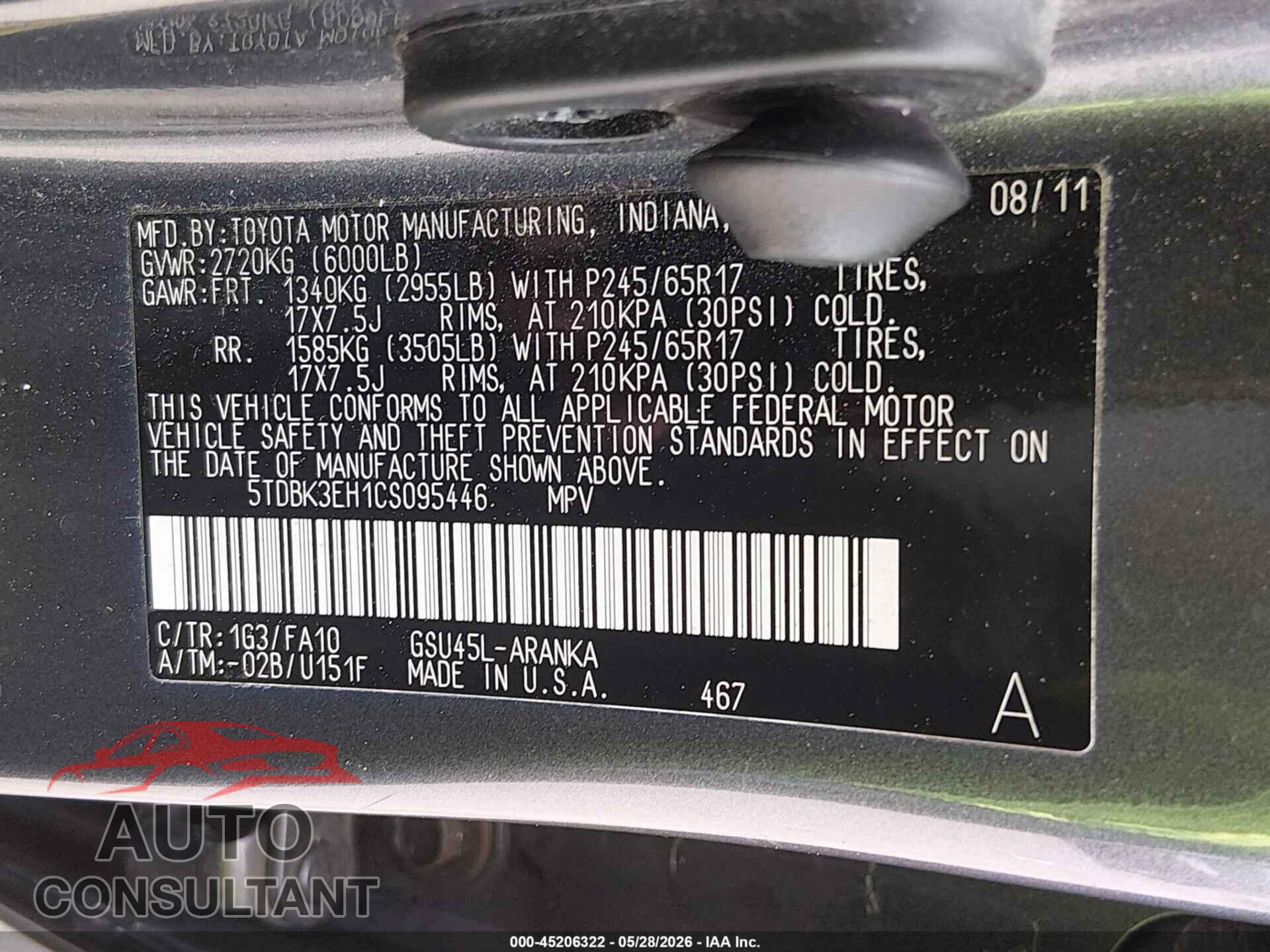 TOYOTA HIGHLANDER 2012 - 5TDBK3EH1CS095446