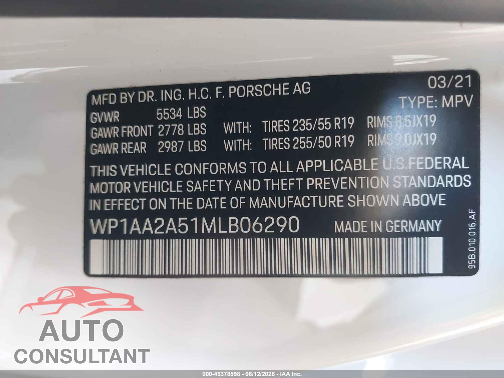 PORSCHE MACAN 2021 - WP1AA2A51MLB06290