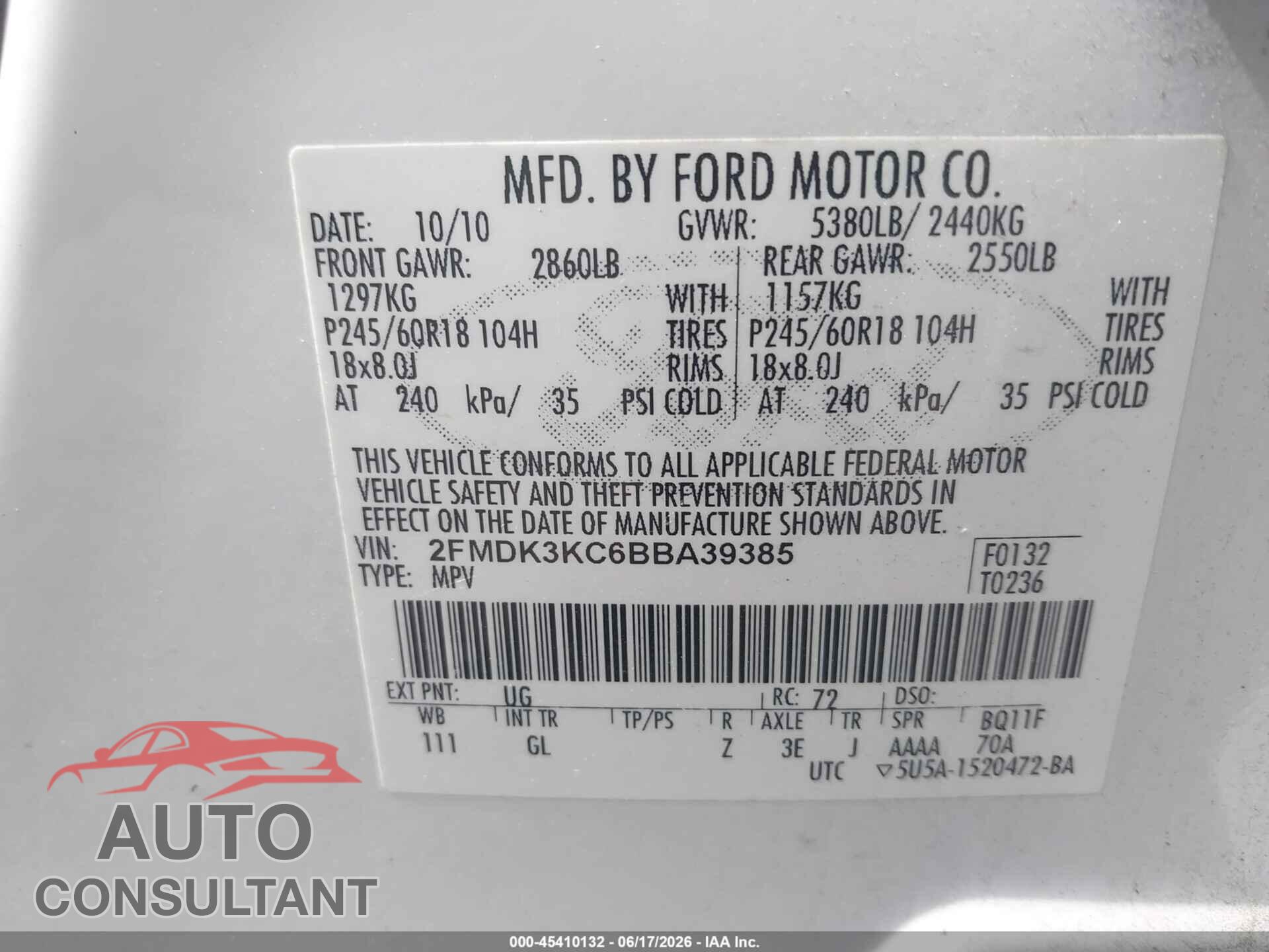 FORD EDGE 2011 - 2FMDK3KC6BBA39385