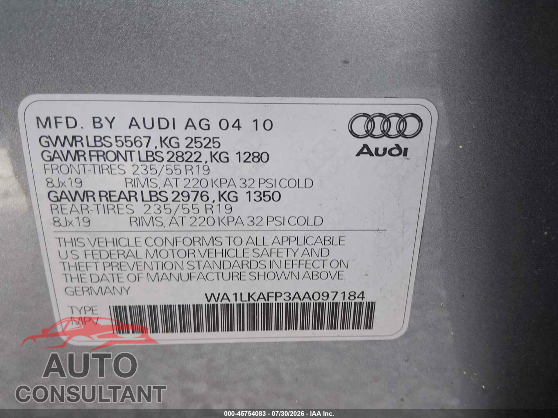 AUDI Q5 2010 - WA1LKAFP3AA097184