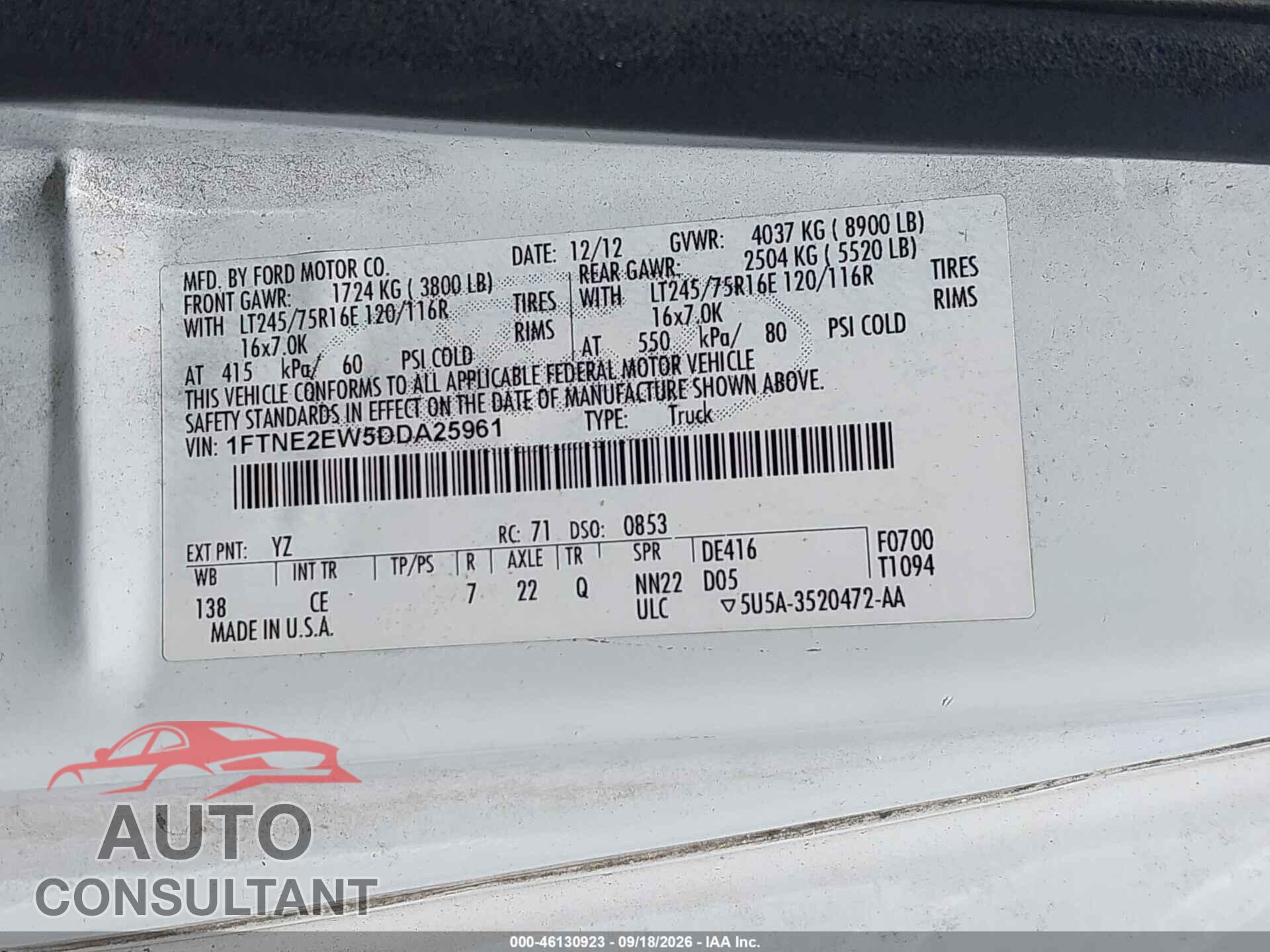 FORD E-250 2013 - 1FTNE2EW5DDA25961