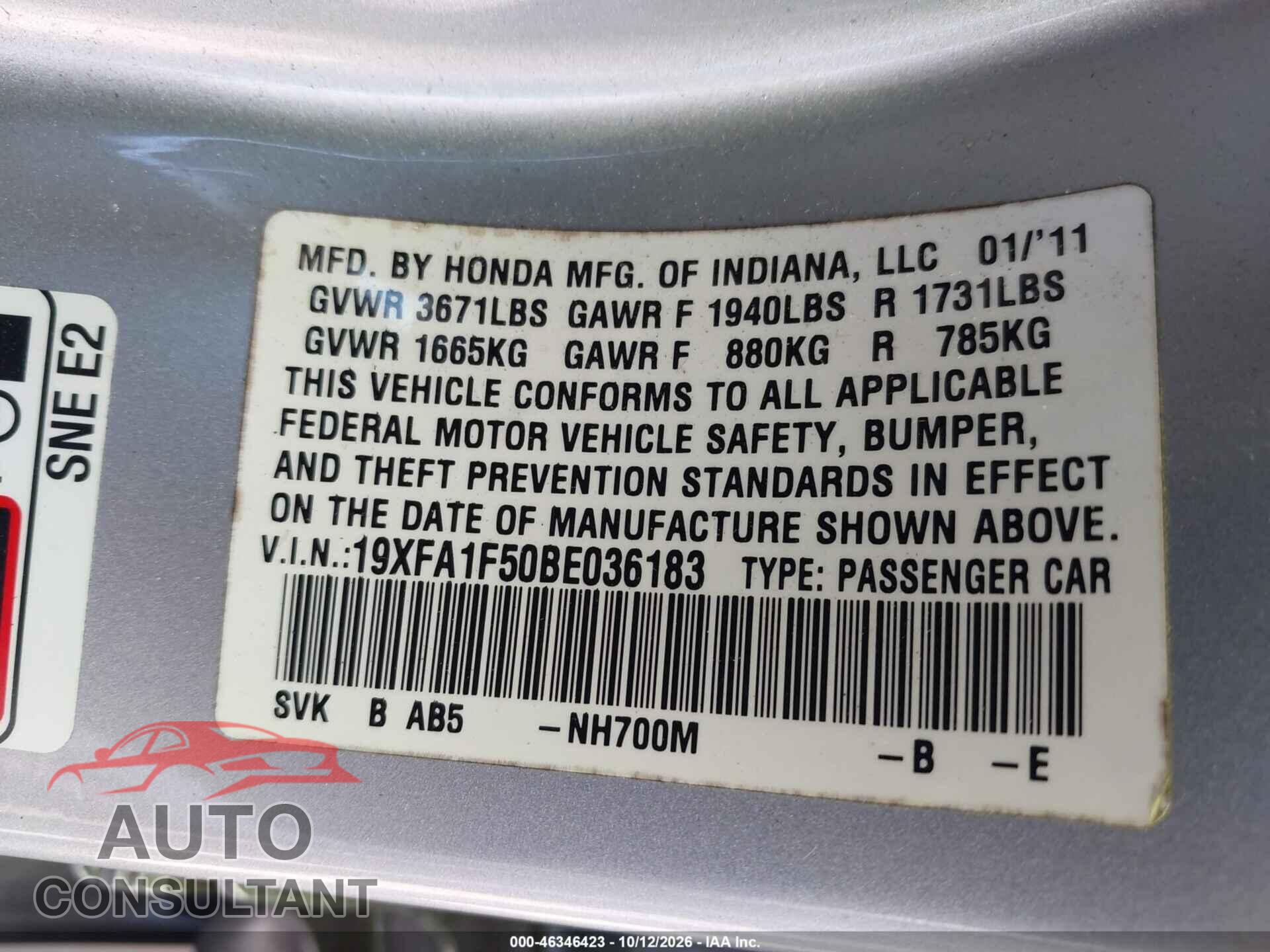 HONDA CIVIC 2011 - 19XFA1F50BE036183