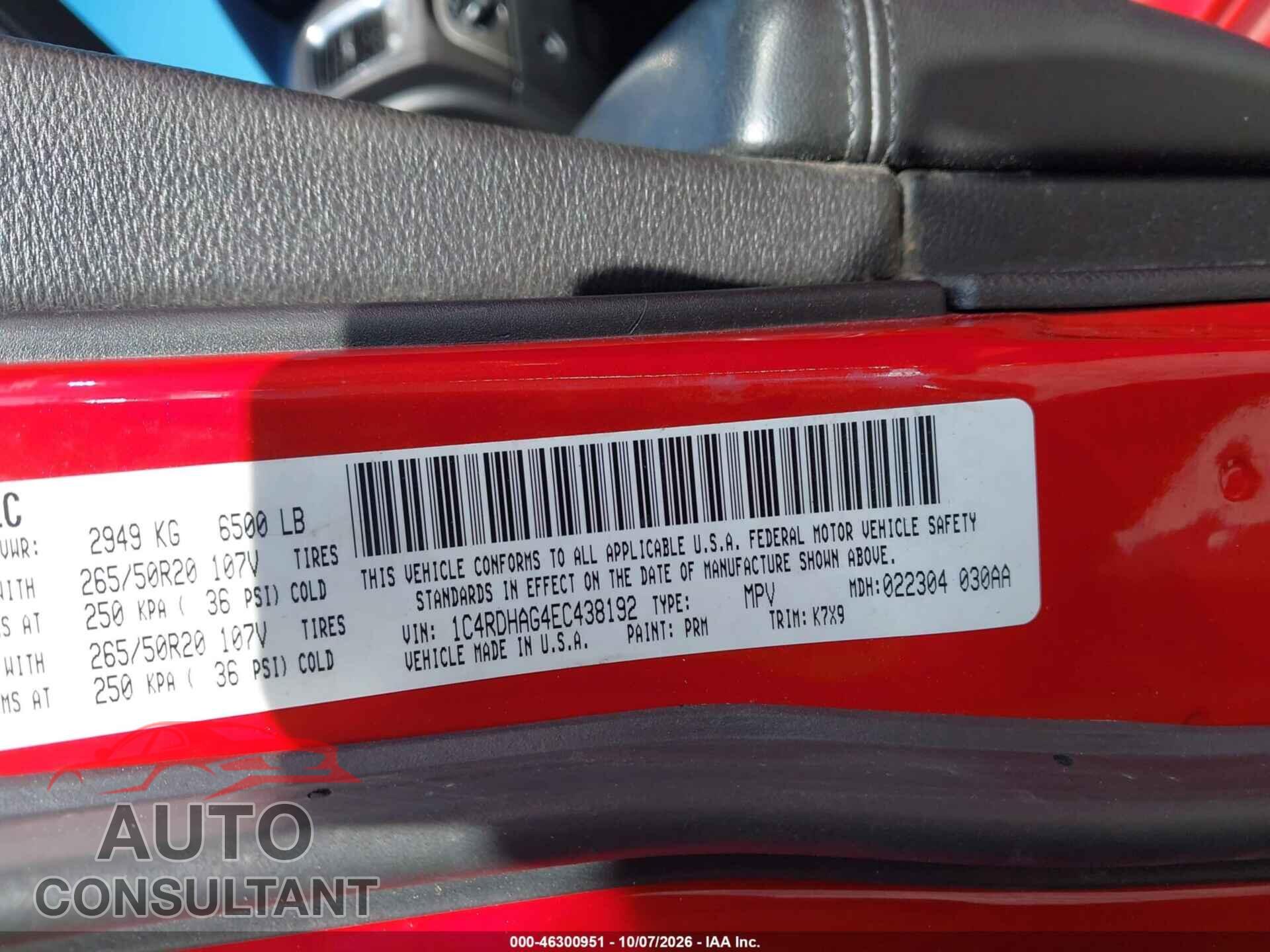 DODGE DURANGO 2014 - 1C4RDHAG4EC438192