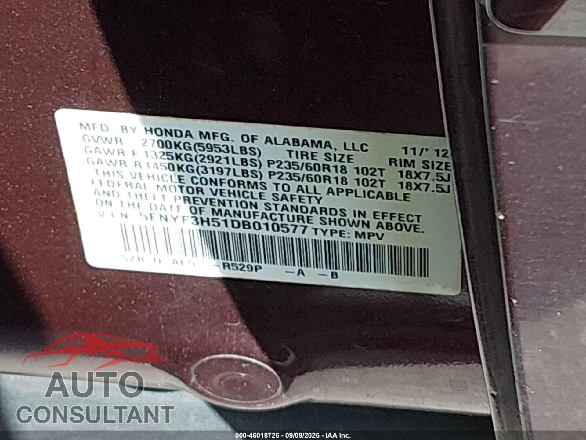 HONDA PILOT 2013 - 5FNYF3H51DB010577
