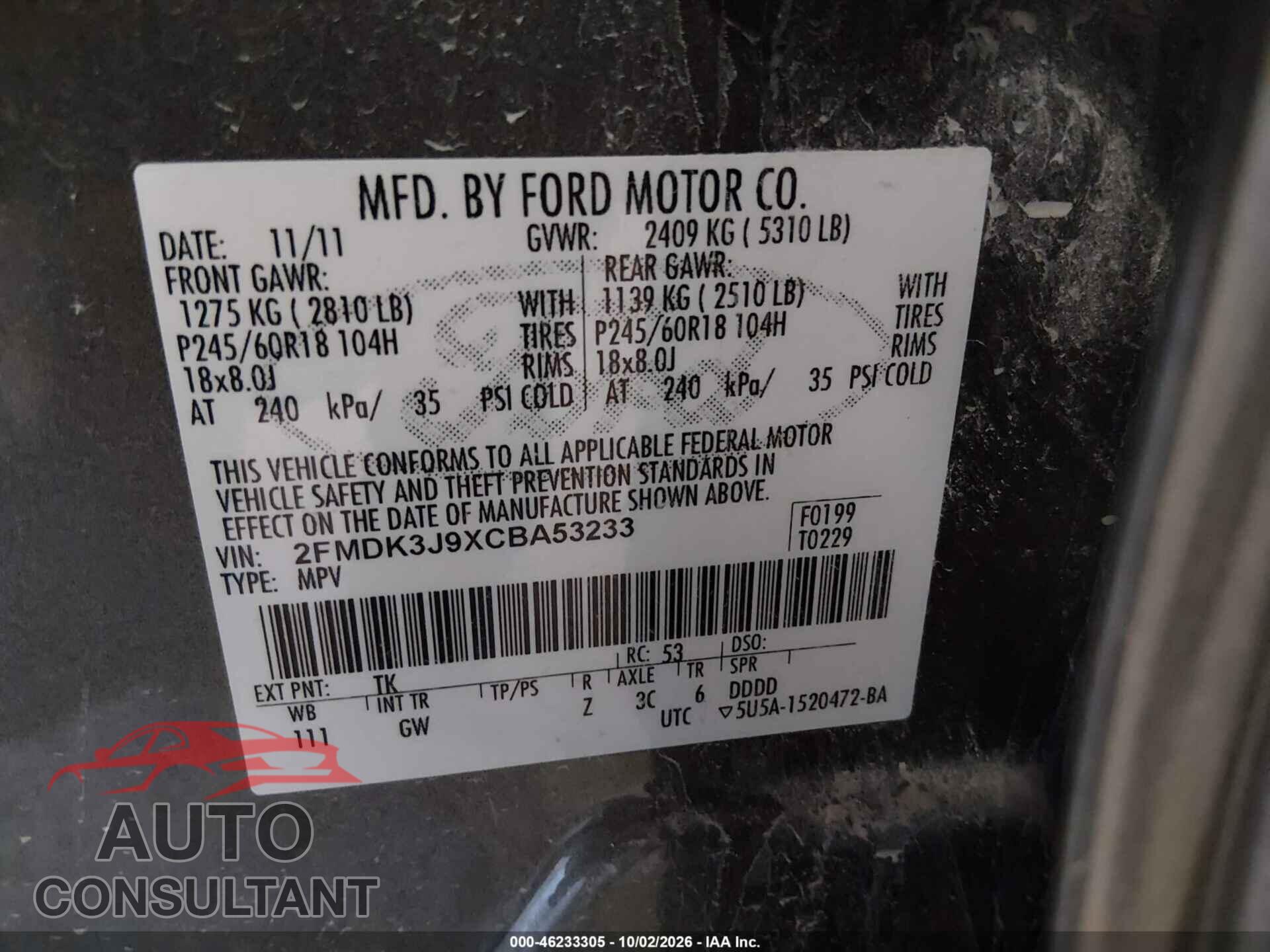 FORD EDGE 2012 - 2FMDK3J9XCBA53233