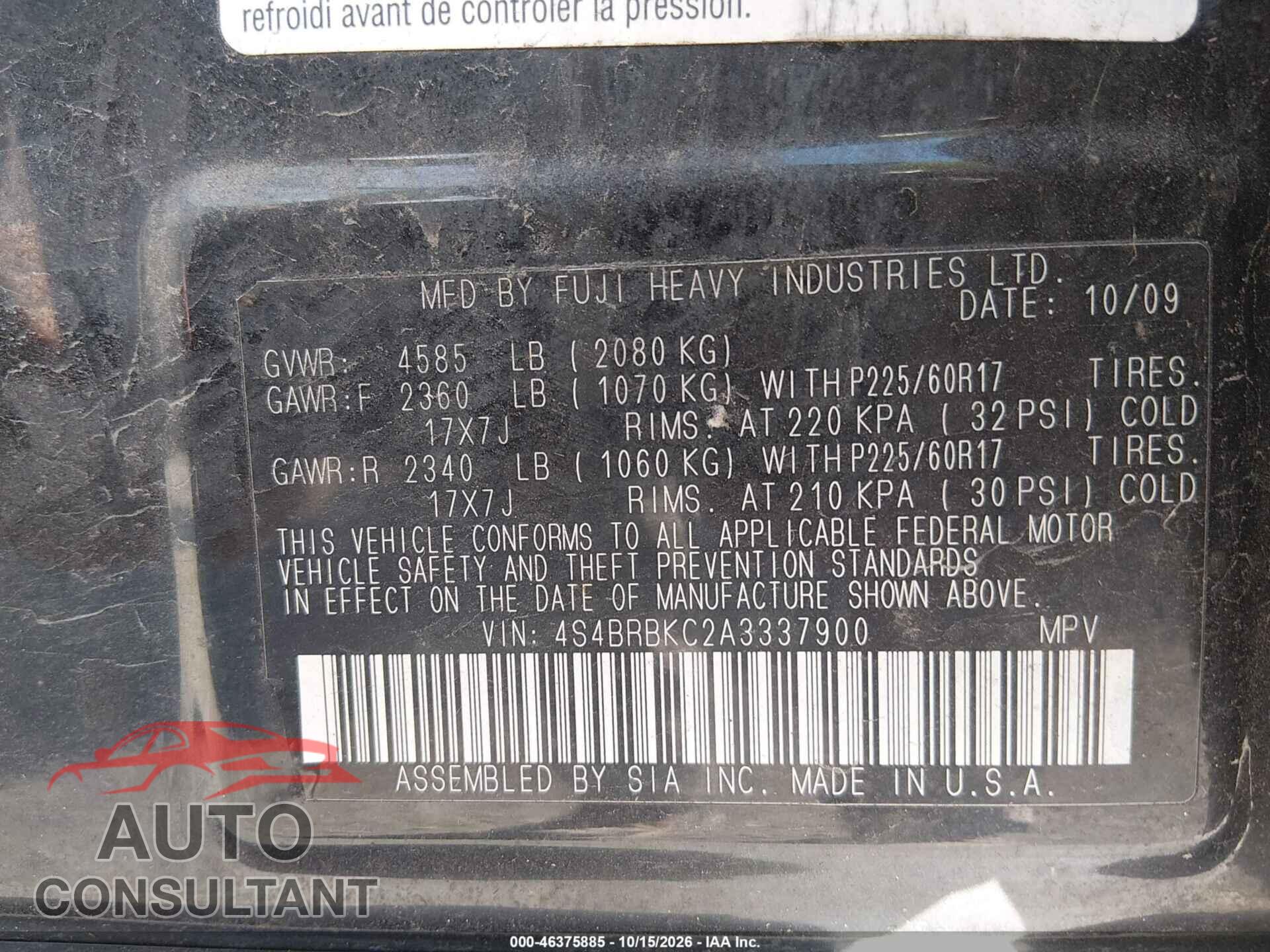 SUBARU OUTBACK 2010 - 4S4BRBKC2A3337900