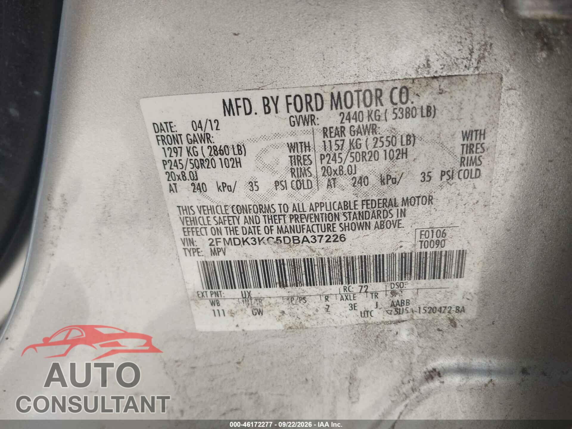 FORD EDGE 2013 - 2FMDK3KC5DBA37226