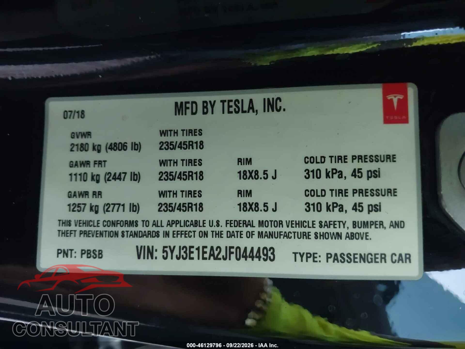 TESLA MODEL 3 2018 - 5YJ3E1EA2JF044493