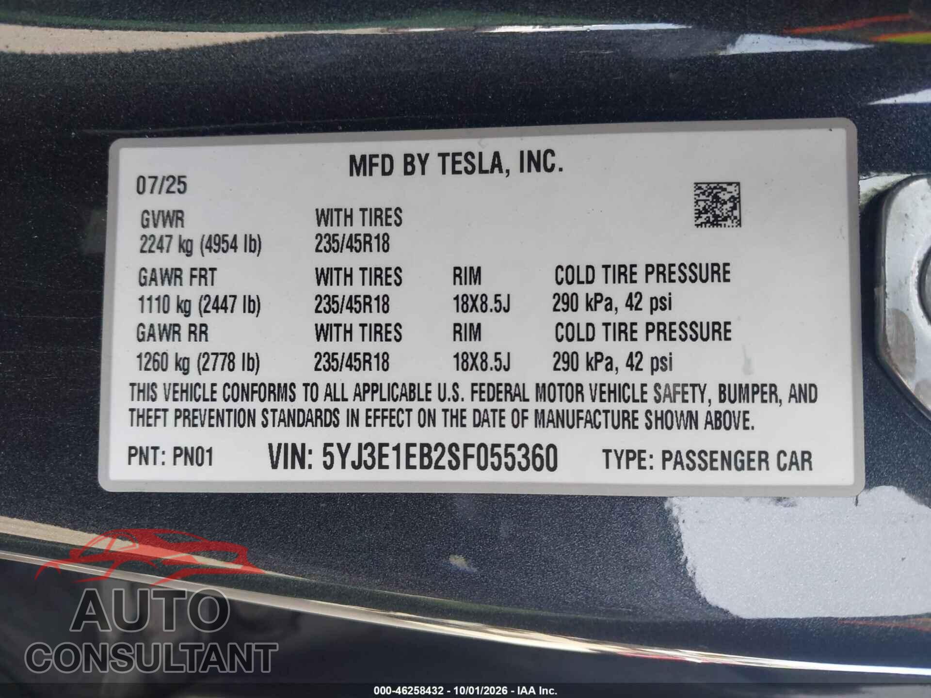 TESLA MODEL 3 2025 - 5YJ3E1EB2SF055360
