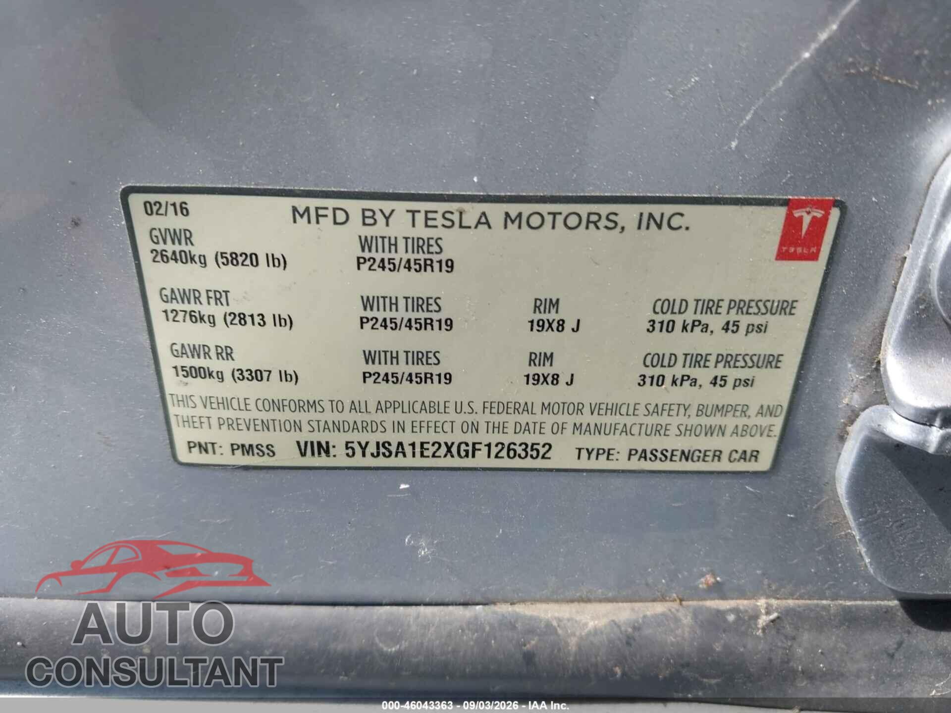 TESLA MODEL S 2016 - 5YJSA1E2XGF126352