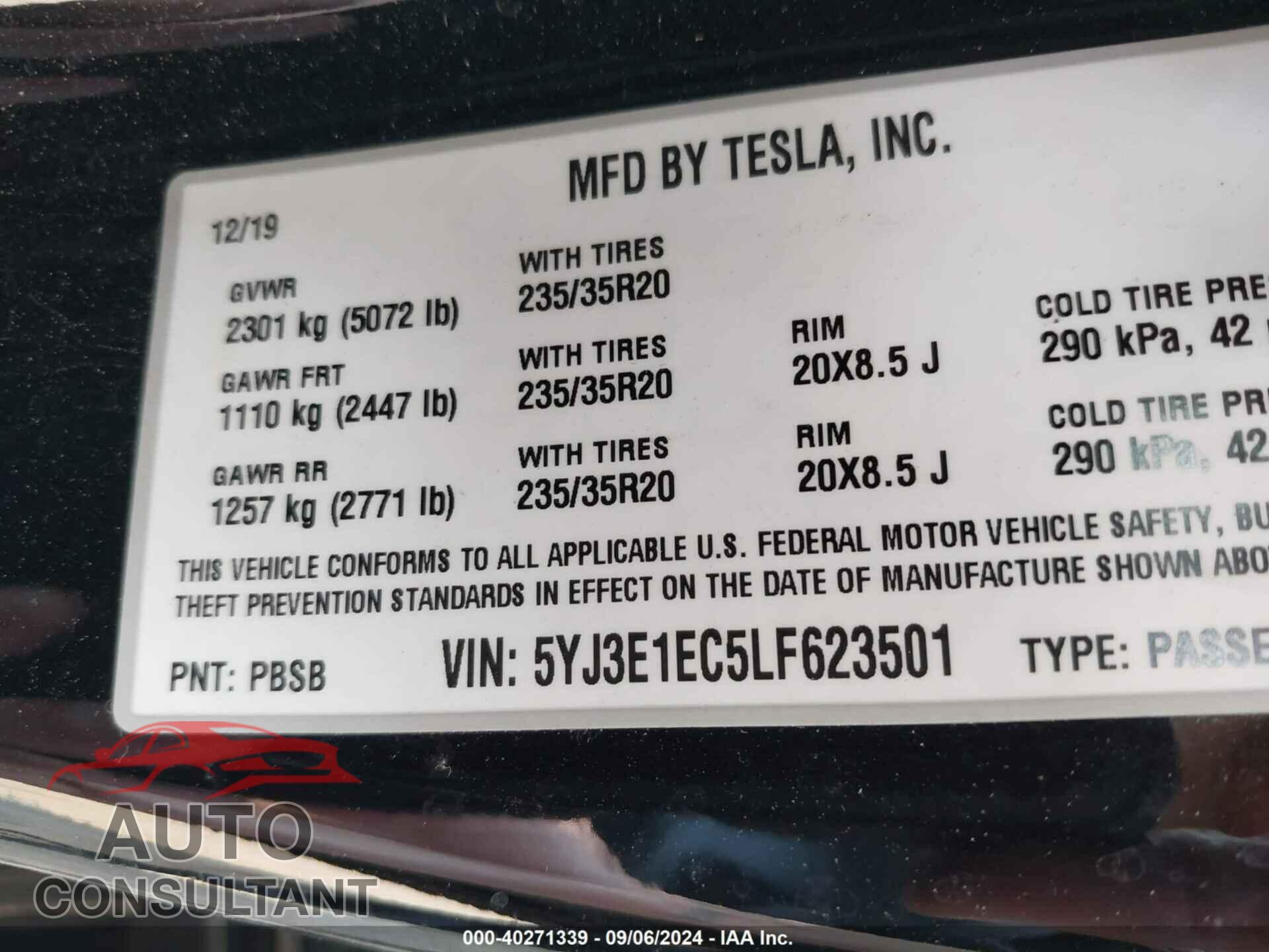 TESLA MODEL 3 2020 - 5YJ3E1EC5LF623501
