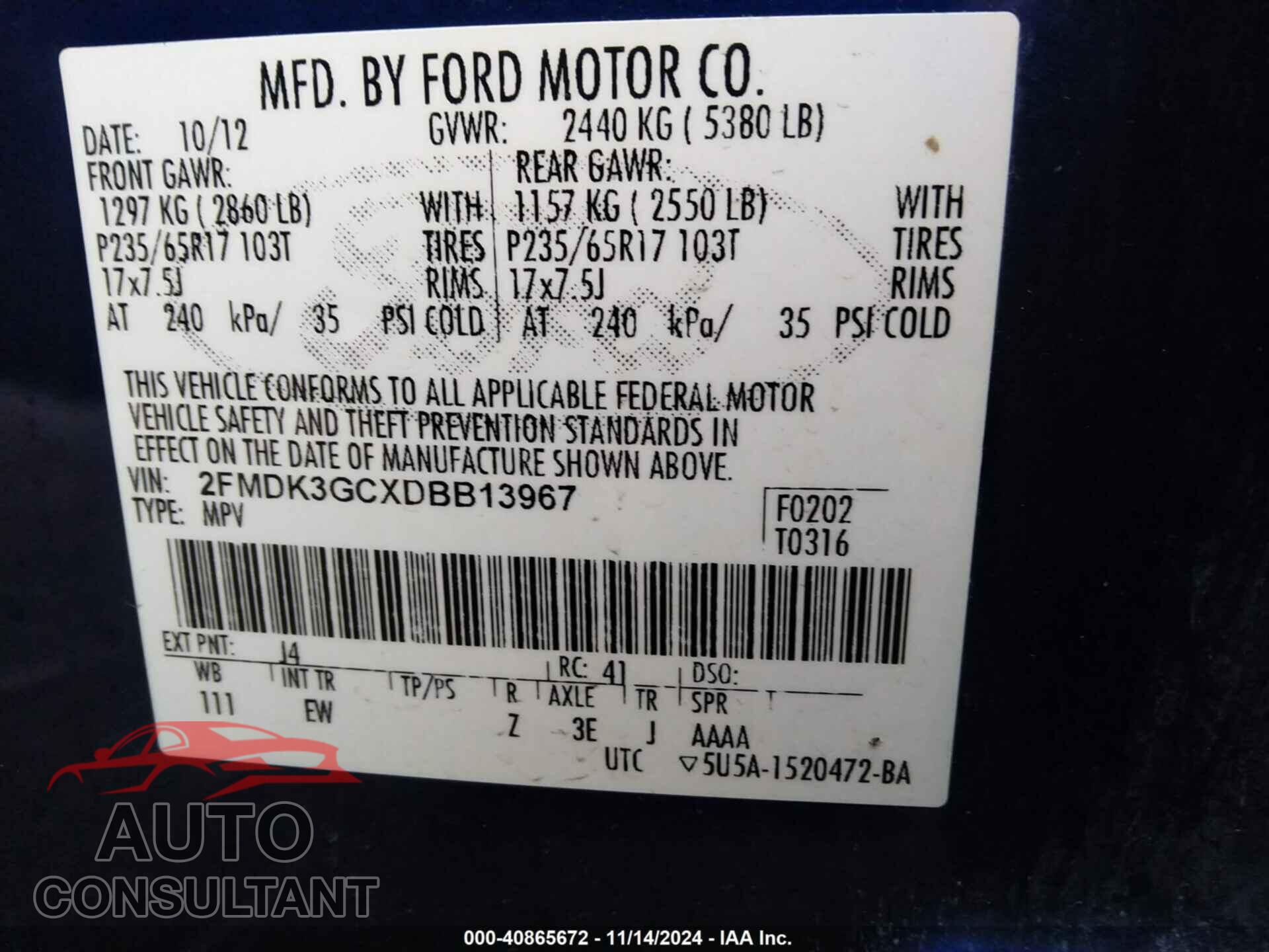 FORD EDGE 2013 - 2FMDK3GCXDBB13967