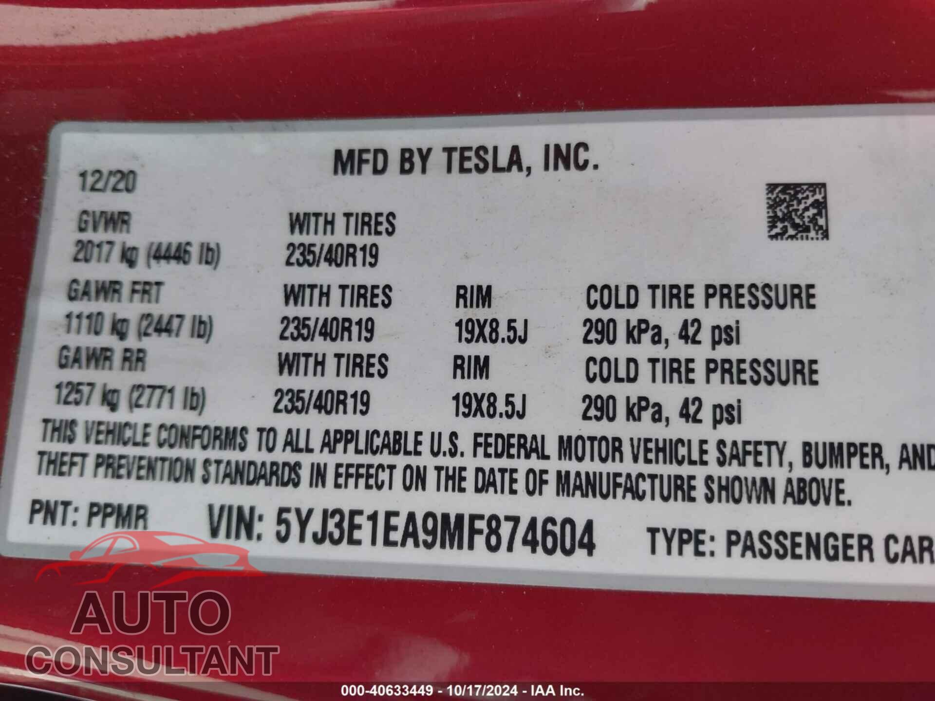TESLA MODEL 3 2021 - 5YJ3E1EA9MF874604