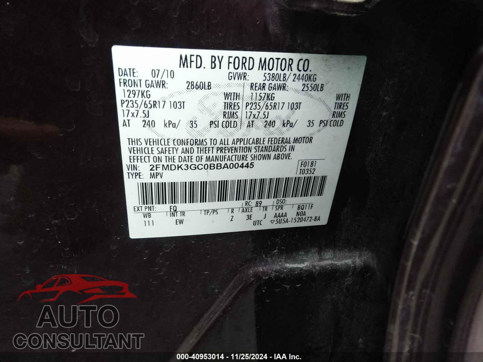 FORD EDGE 2011 - 2FMDK3GC0BBA00445
