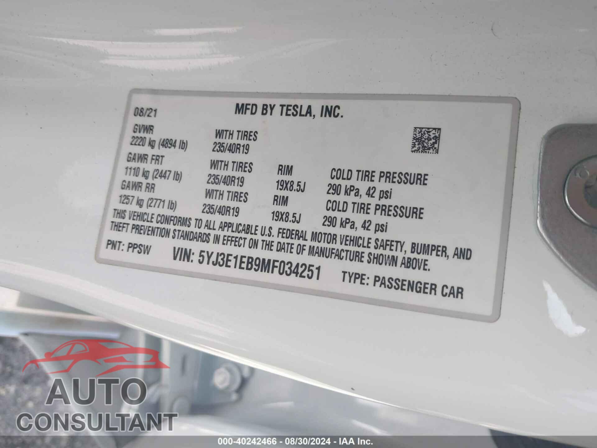 TESLA MODEL 3 2021 - 5YJ3E1EB9MF034251