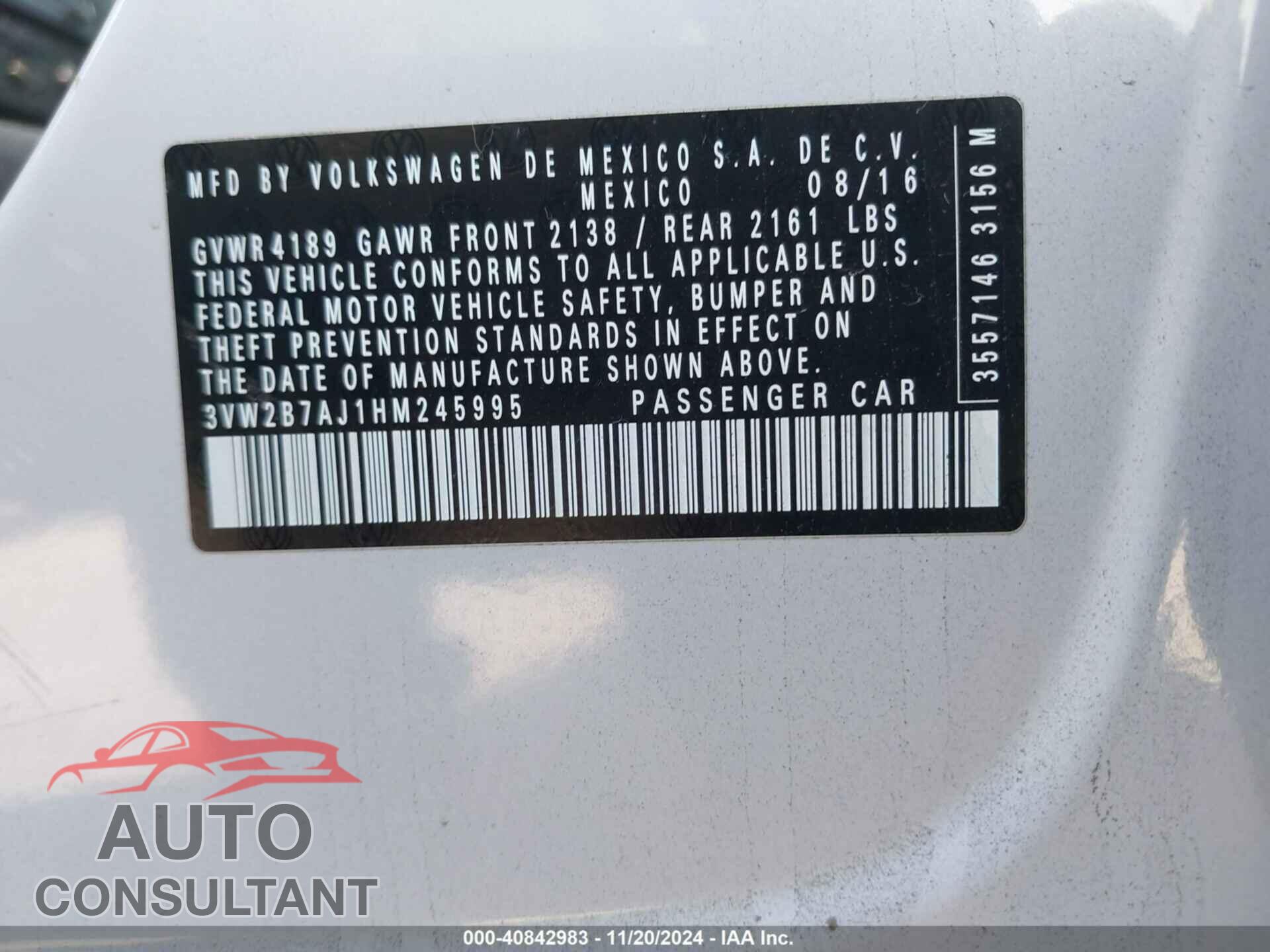VOLKSWAGEN JETTA 2017 - 3VW2B7AJ1HM245995