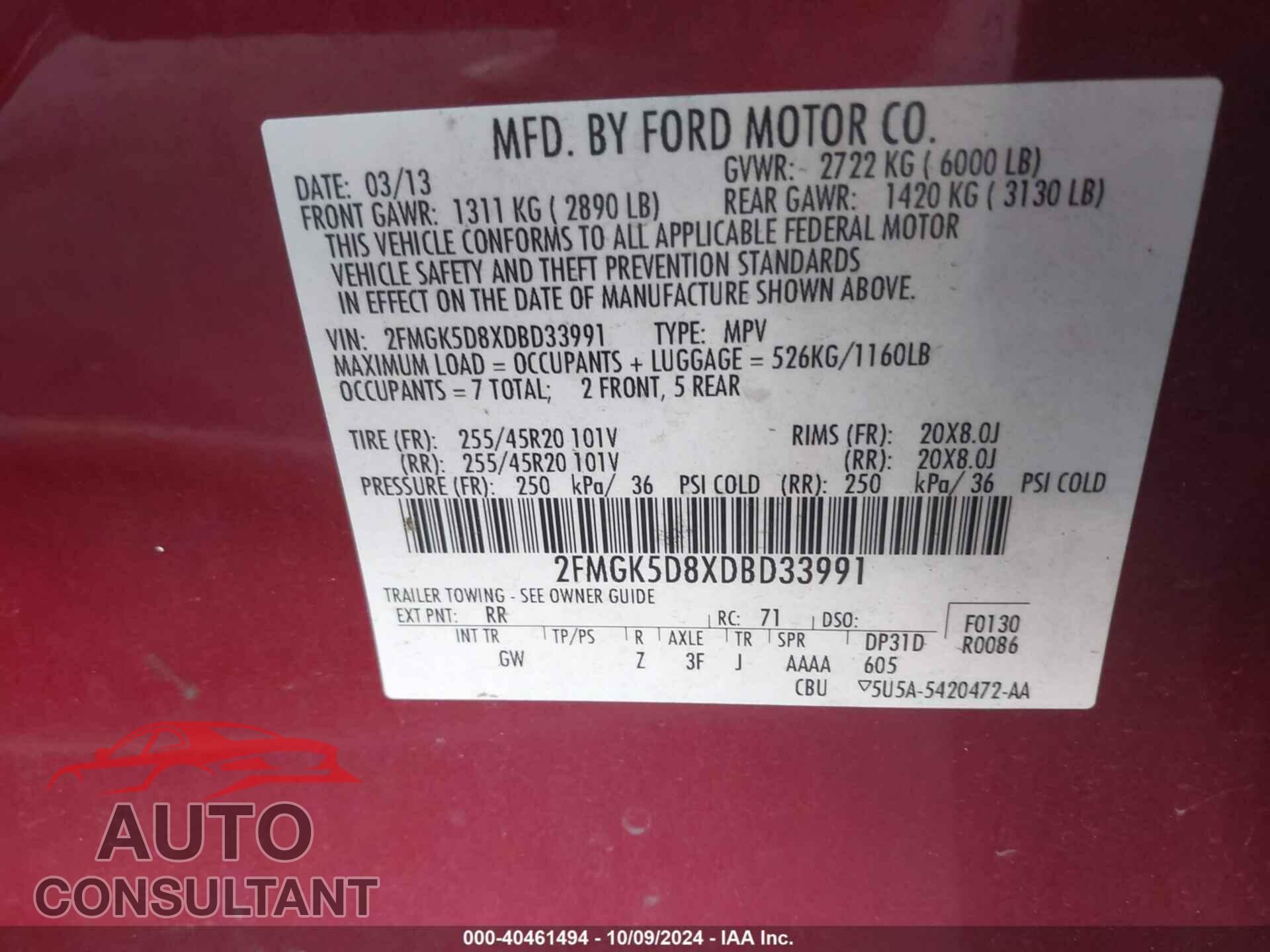 FORD FLEX 2013 - 2FMGK5D8XDBD33991