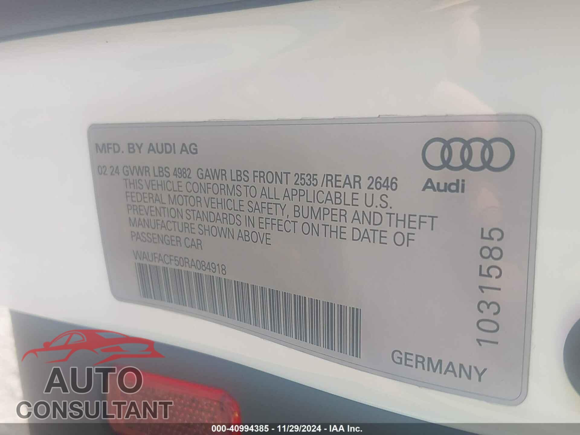 AUDI A5 SPORTBACK 2024 - WAUFACF50RA084918