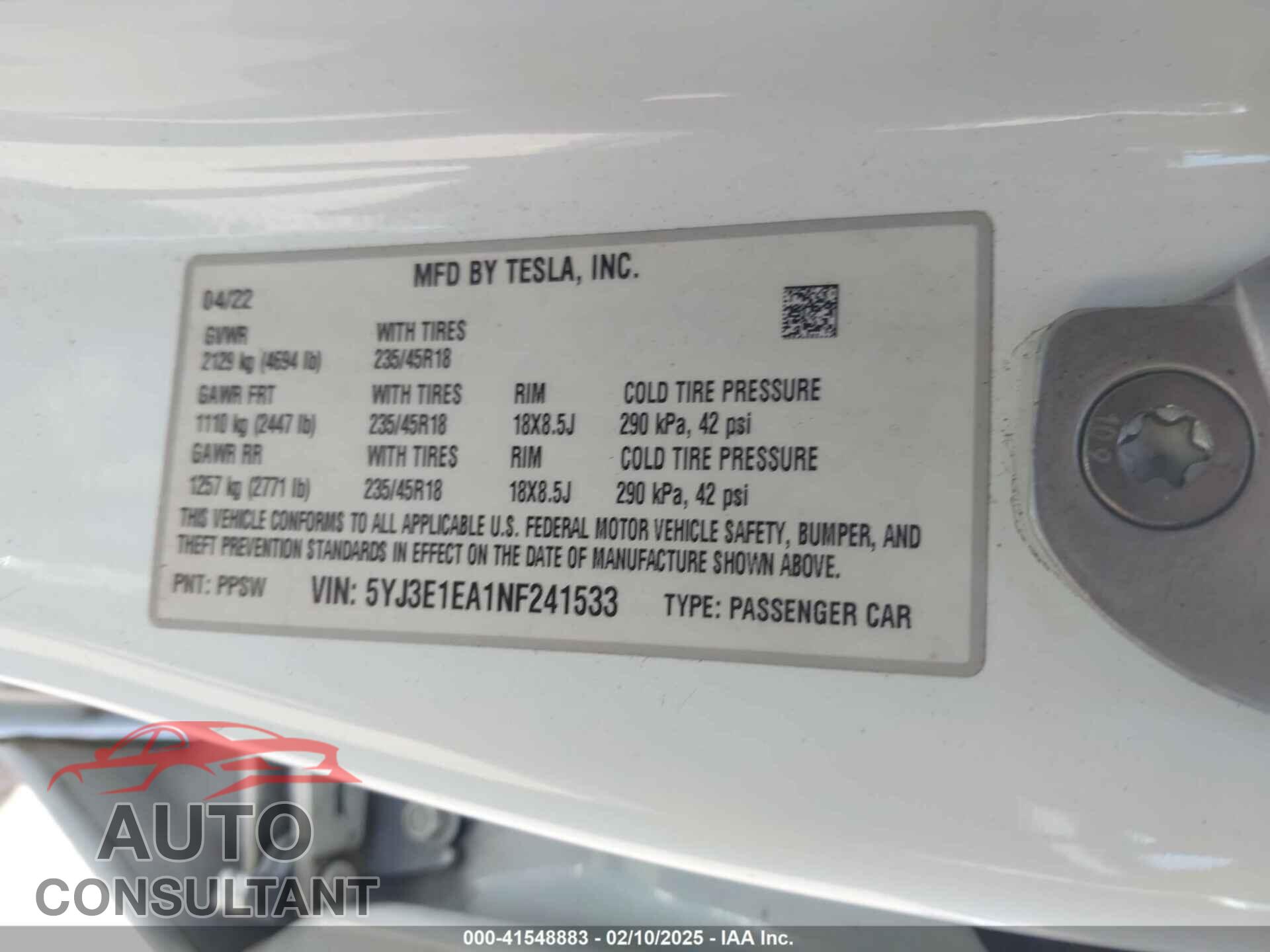 TESLA MODEL 3 2022 - 5YJ3E1EA1NF241533