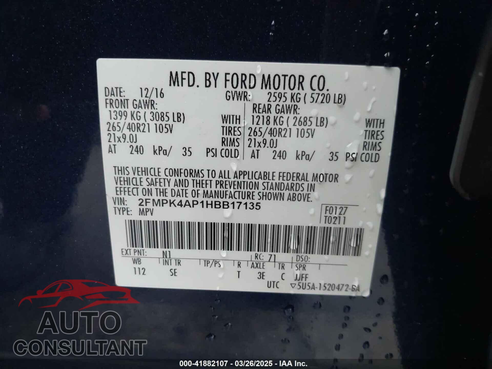 FORD EDGE 2017 - 2FMPK4AP1HBB17135