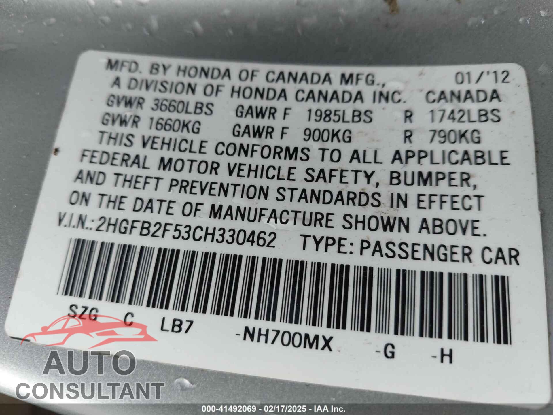 HONDA CIVIC 2012 - 2HGFB2F53CH330462