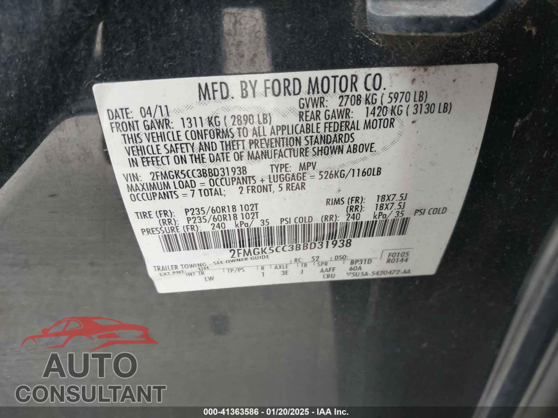 FORD FLEX 2011 - 2FMGK5CC3BBD31938