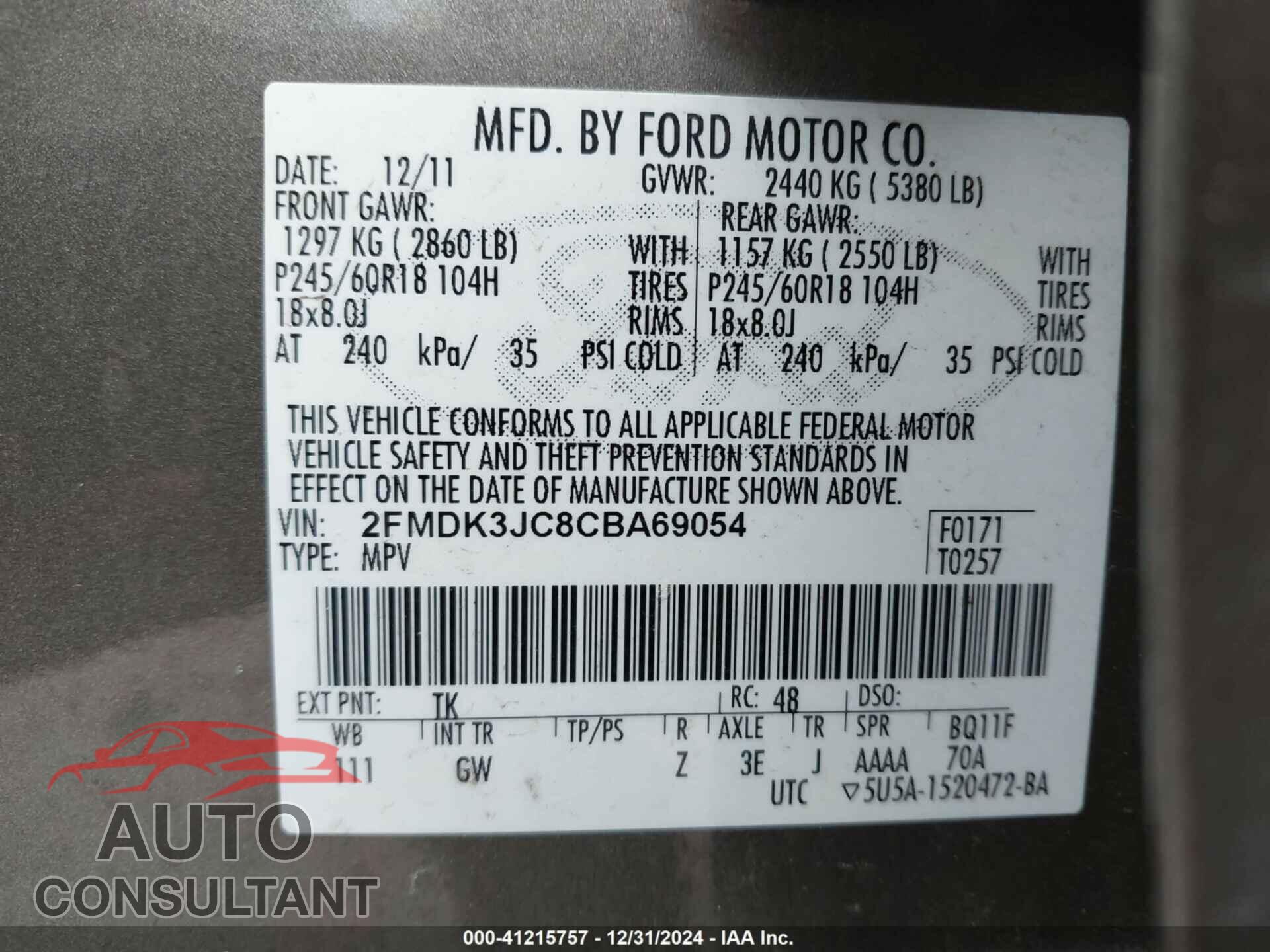 FORD EDGE 2012 - 2FMDK3JC8CBA69054