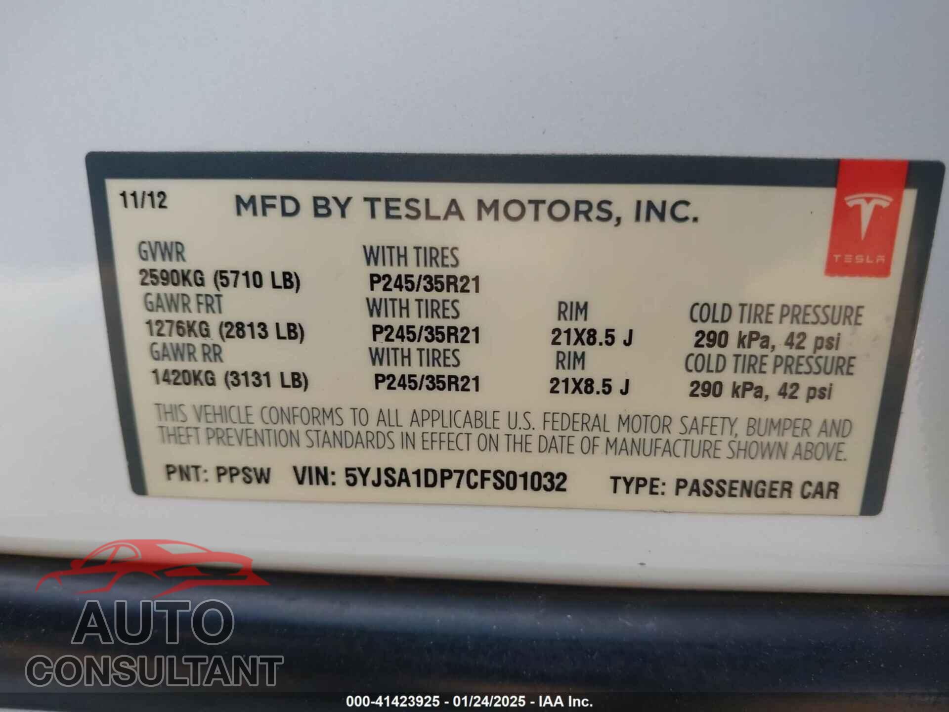 TESLA MODEL S 2012 - 5YJSA1DP7CFS01032