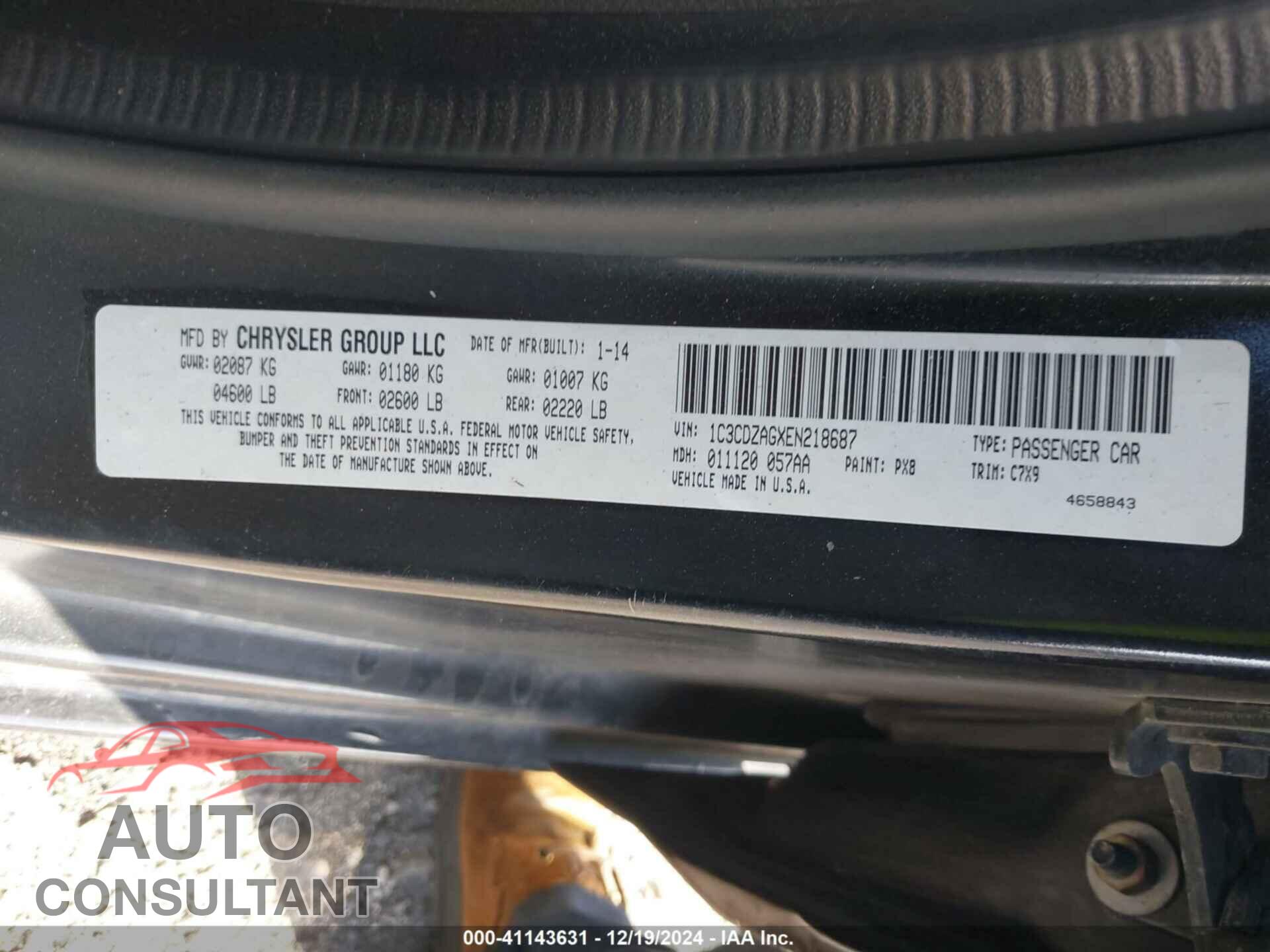 DODGE AVENGER 2014 - 1C3CDZAGXEN218687