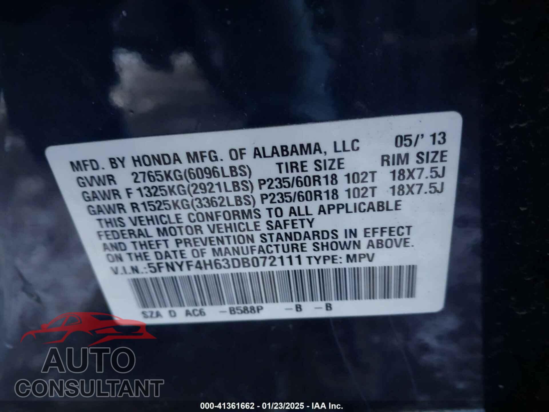 HONDA PILOT 2013 - 5FNYF4H63DB072111