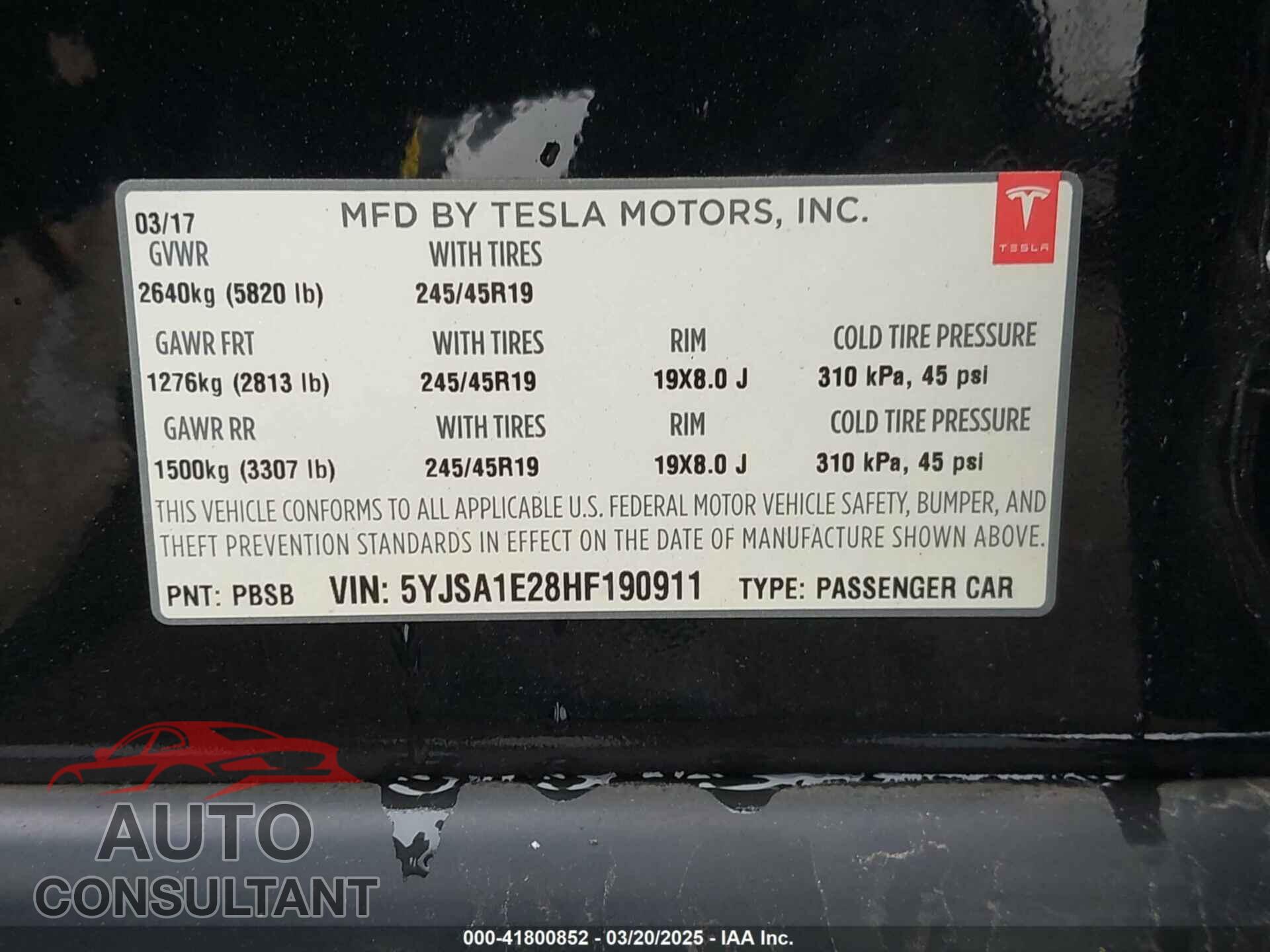 TESLA MODEL S 2017 - 5YJSA1E28HF190911