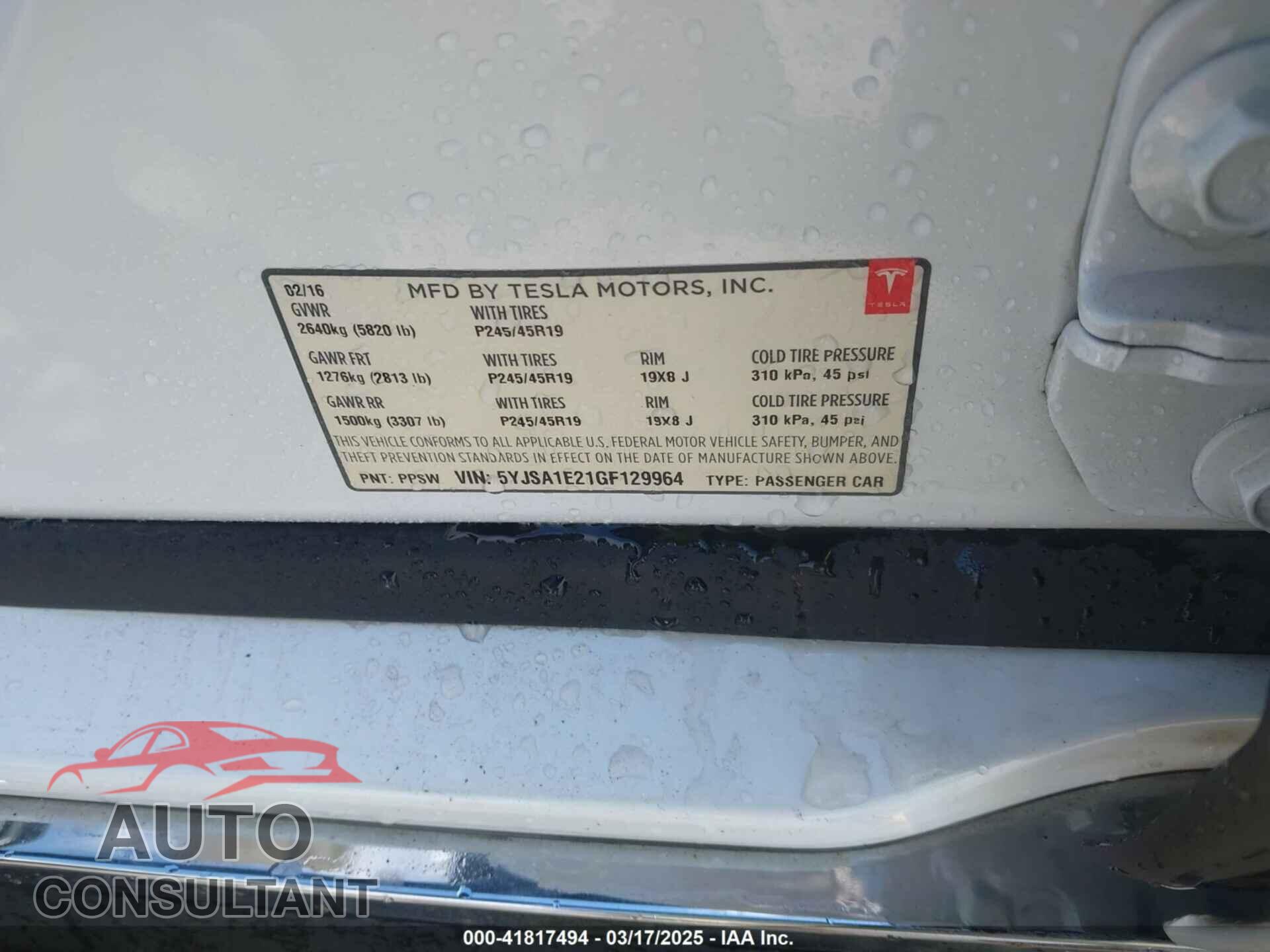 TESLA MODEL S 2016 - 5YJSA1E21GF129964