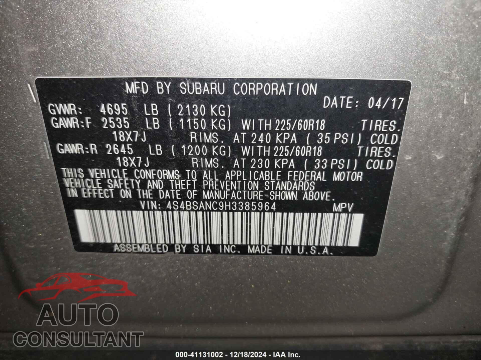 SUBARU OUTBACK 2017 - 4S4BSANC9H3385964