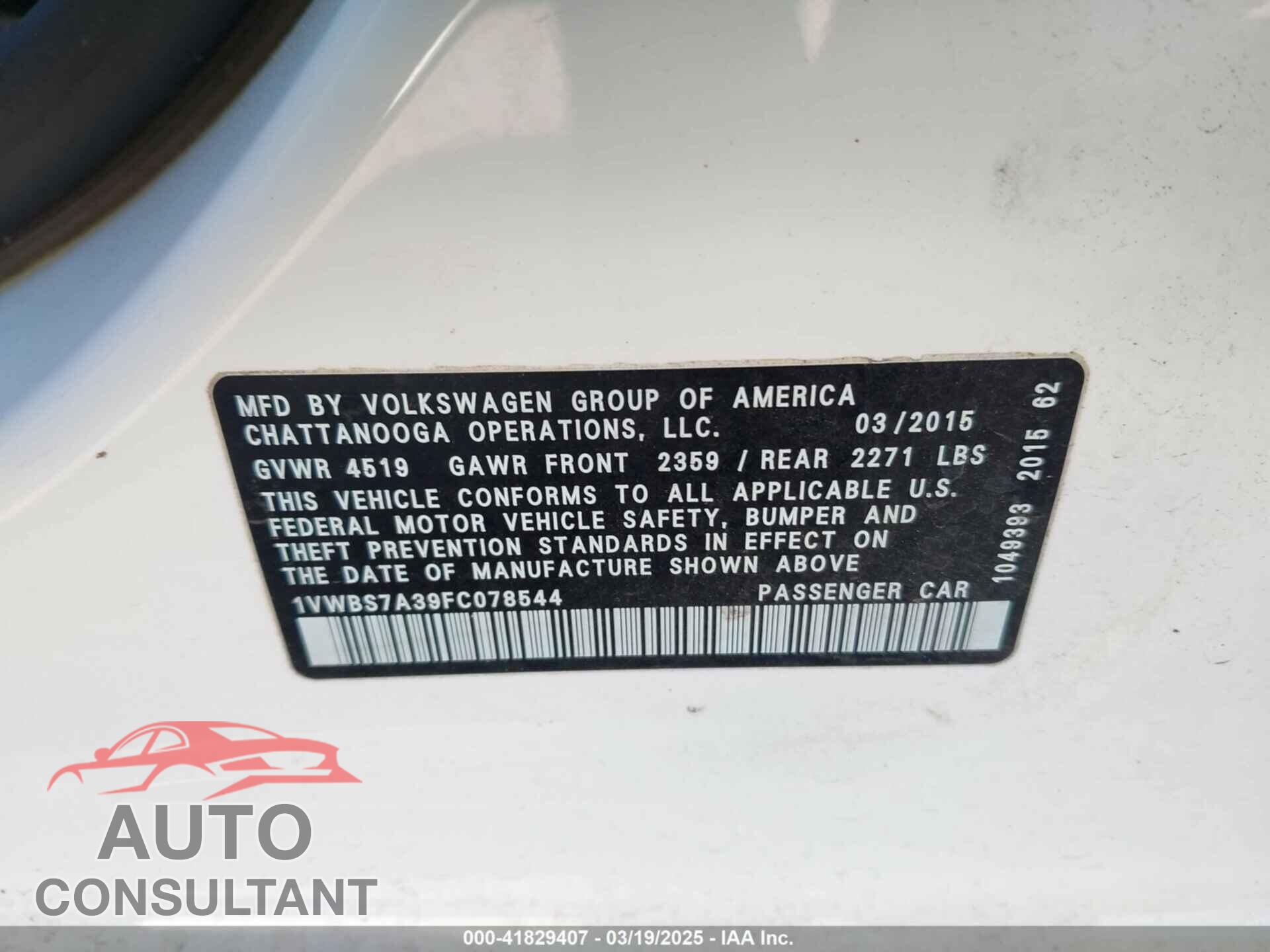 VOLKSWAGEN PASSAT 2015 - 1VWBS7A39FC078544