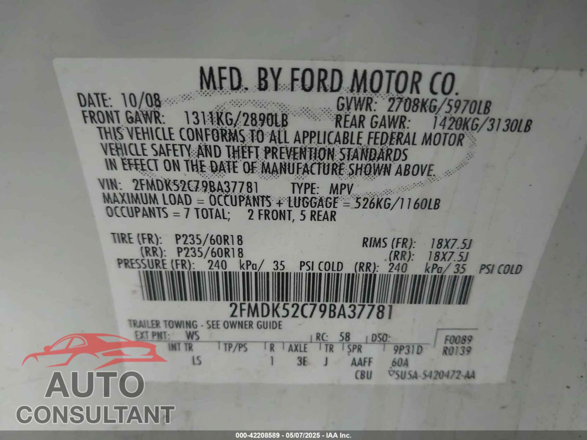 FORD FLEX 2009 - 2FMDK52C79BA37781