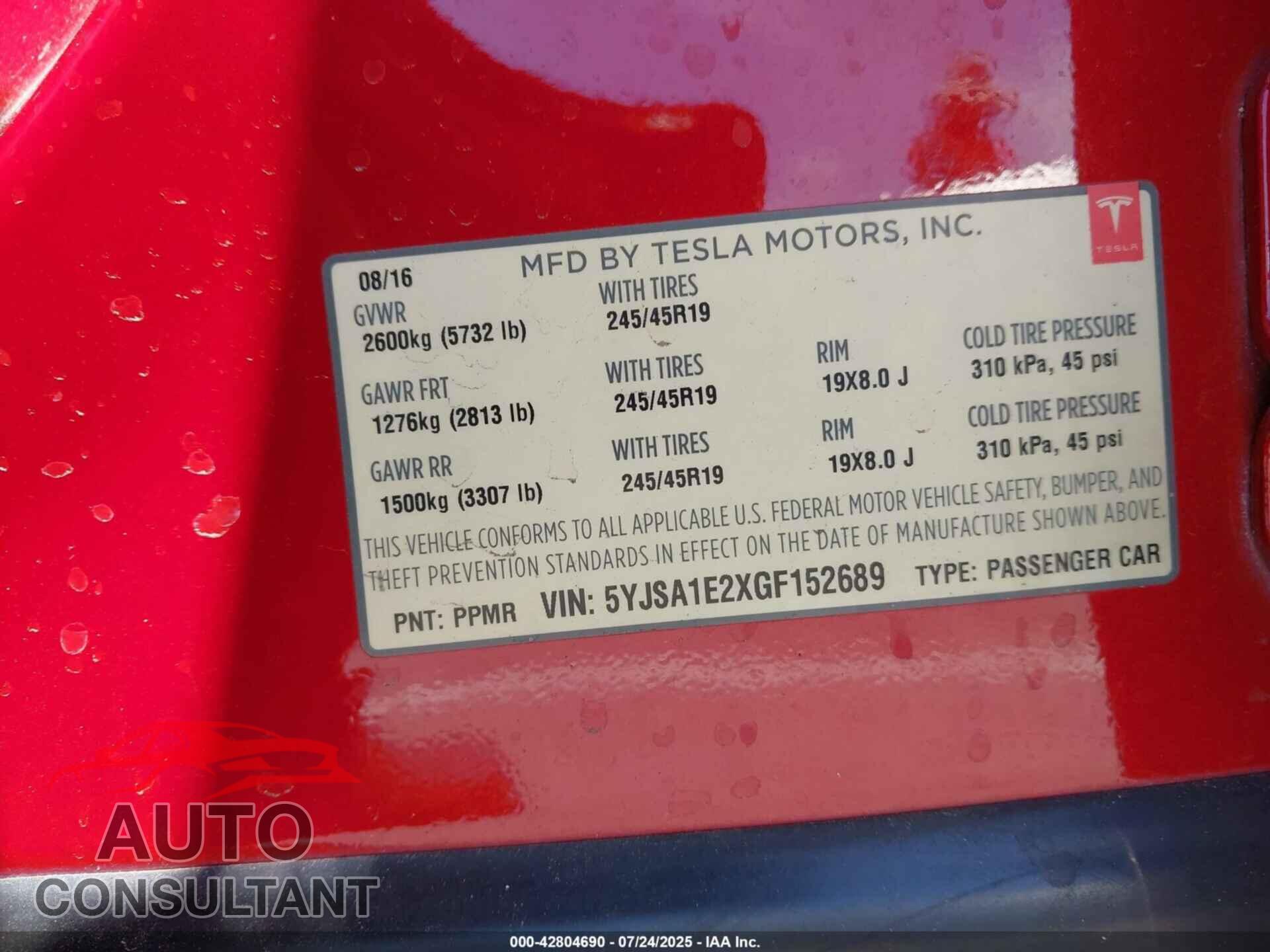 TESLA MODEL S 2016 - 5YJSA1E2XGF152689