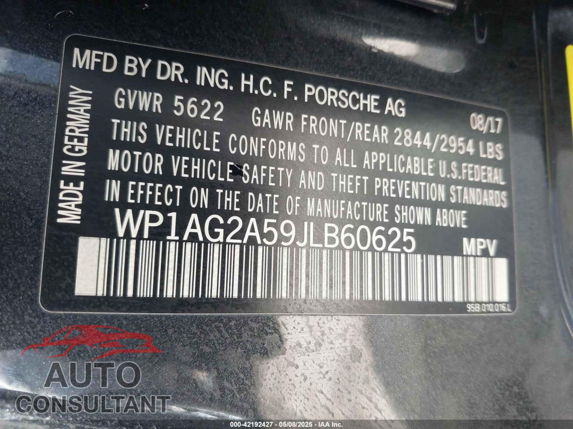 PORSCHE MACAN 2018 - WP1AG2A59JLB60625