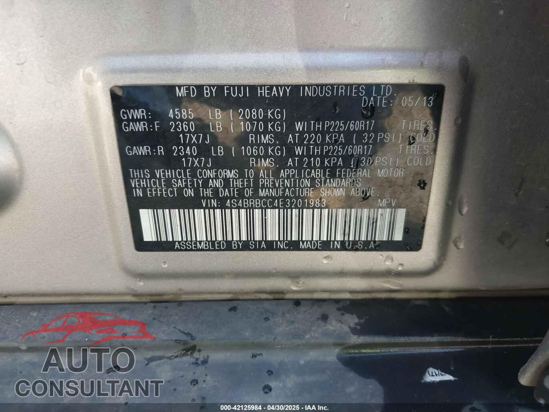 SUBARU OUTBACK 2014 - 4S4BRBCC4E3201983