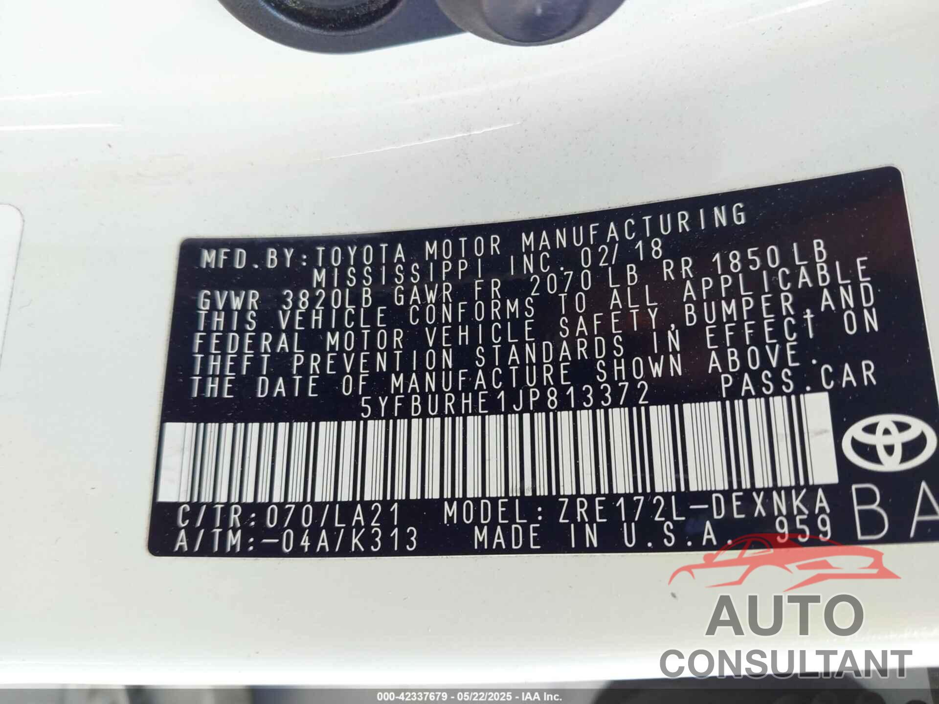 TOYOTA COROLLA 2018 - 5YFBURHE1JP813372