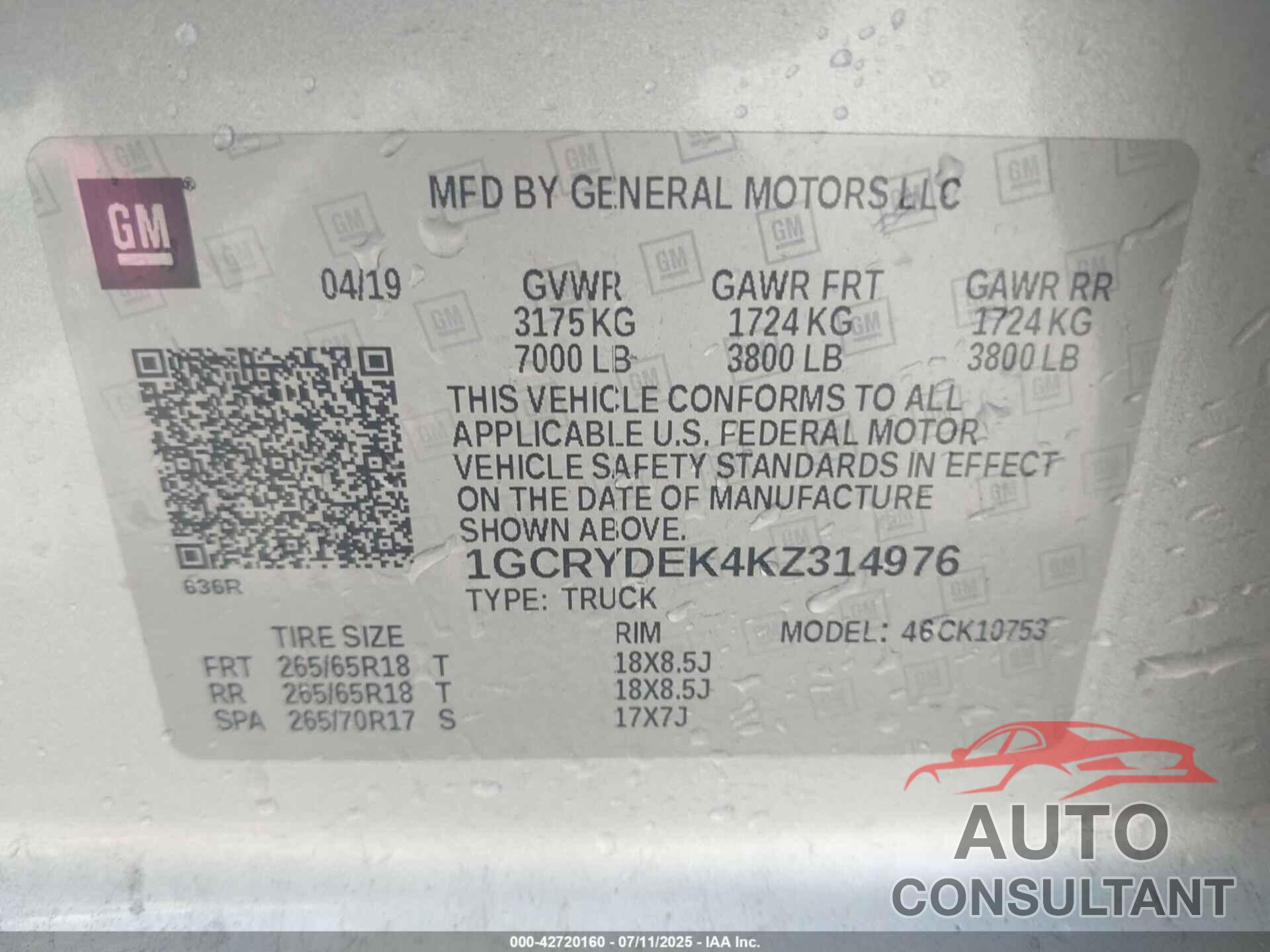 CHEVROLET SILVERADO 1500 2019 - 1GCRYDEK4KZ314976