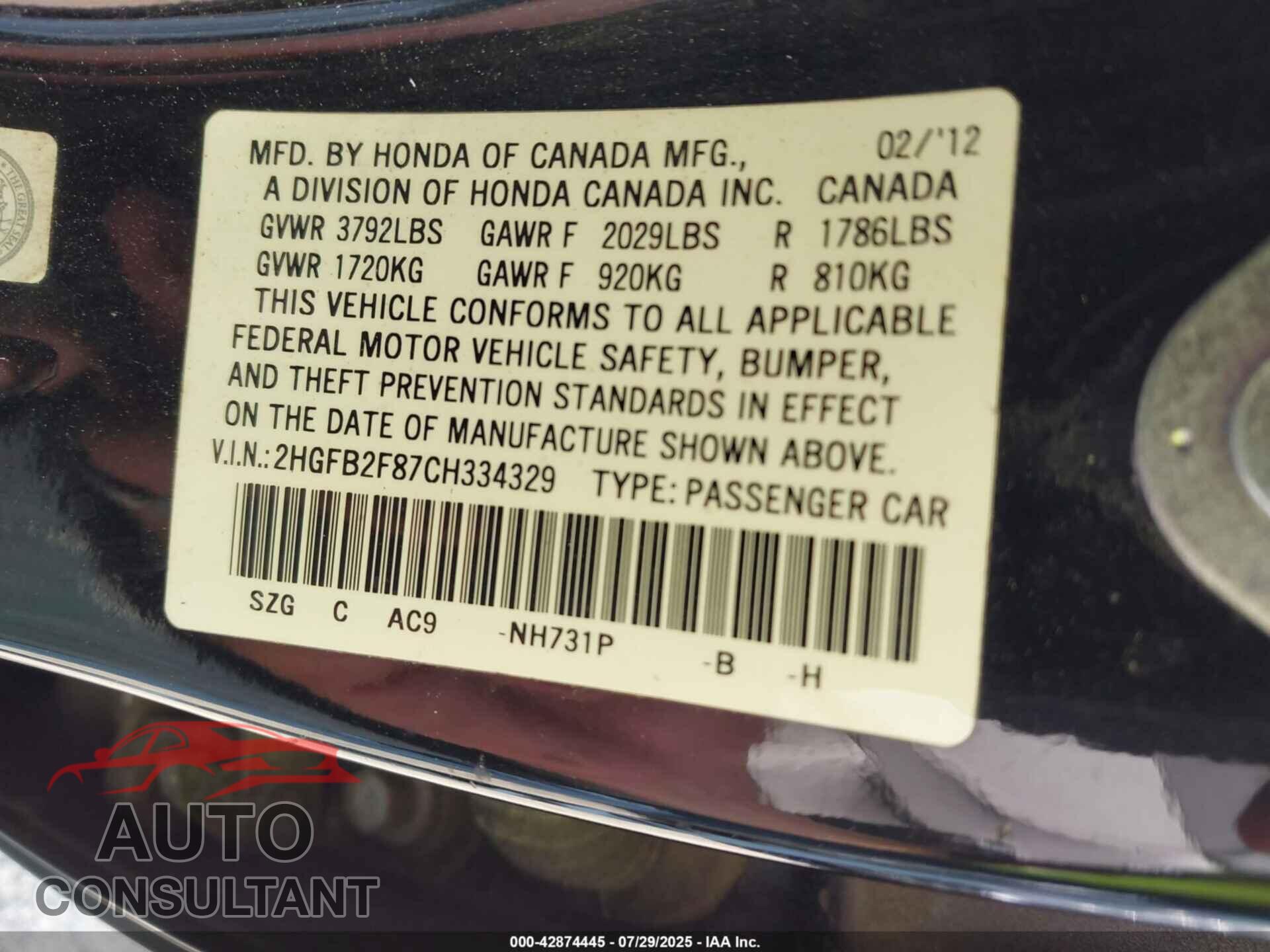HONDA CIVIC 2012 - 2HGFB2F87CH334329