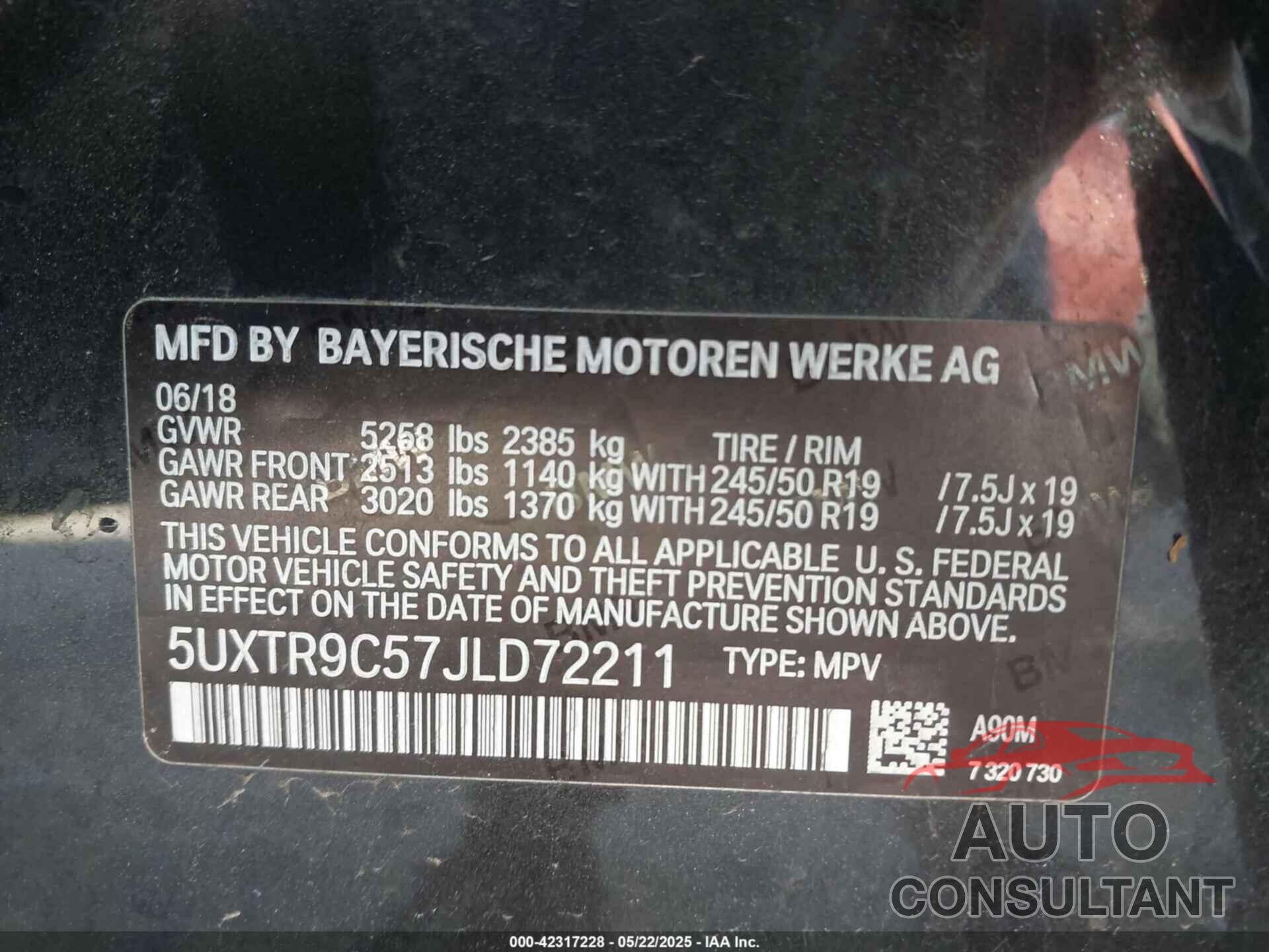 BMW X3 2018 - 5UXTR9C57JLD72211