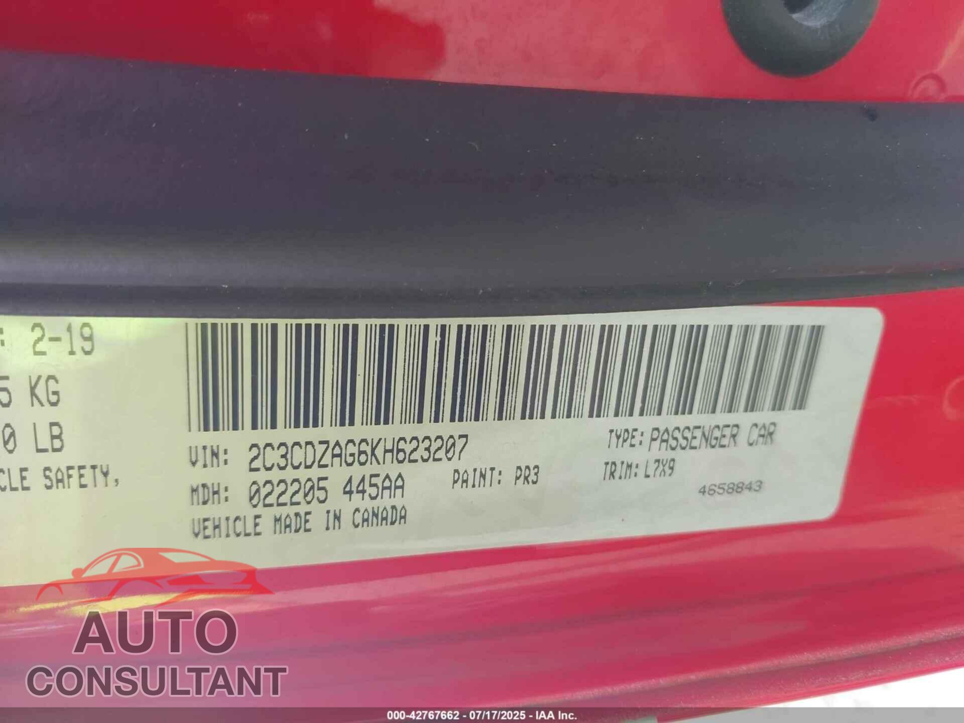 DODGE CHALLENGER 2019 - 2C3CDZAG6KH623207